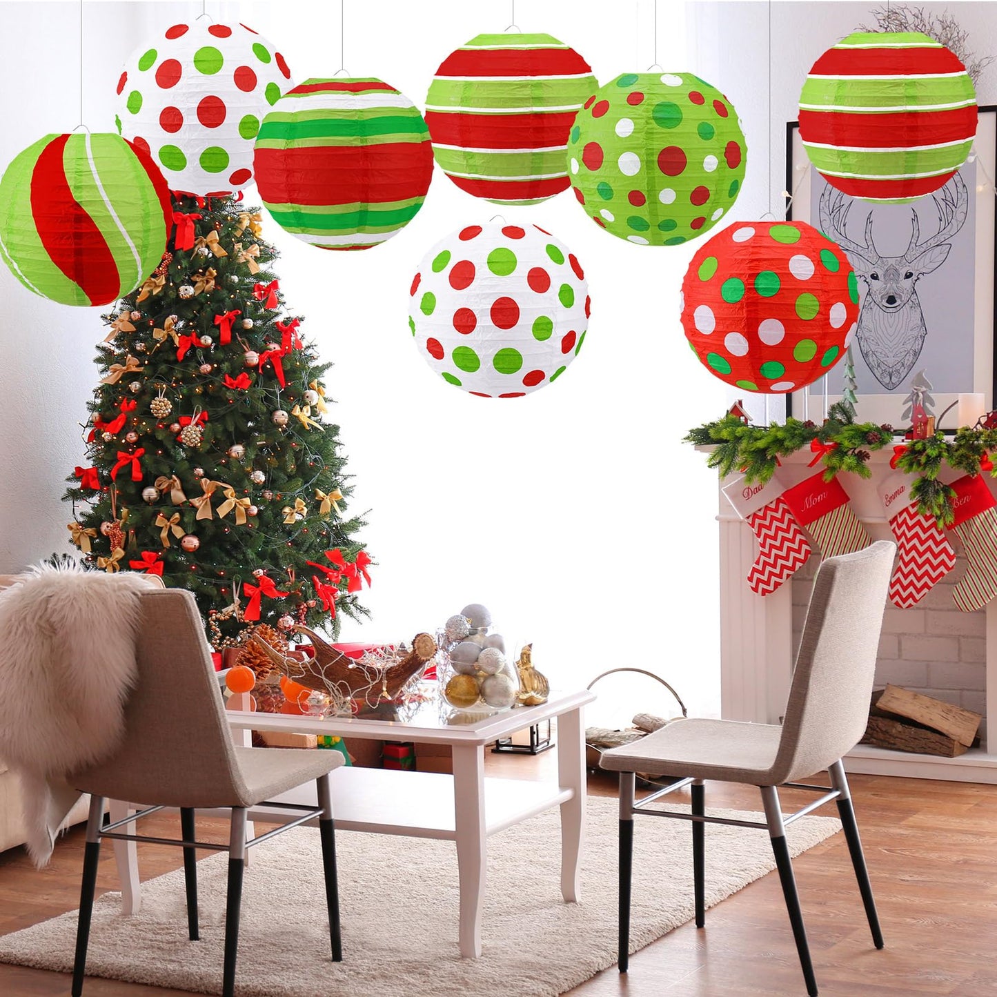 Glooglitter 12 Pcs 10" Red Green Paper Lantern Christmas Party Decorations Hanging Lantern Indoor Outdoor Decorative Christmas Round Ceiling Hanging Decor for Holiday Xmas Party Baby Shower Birthday