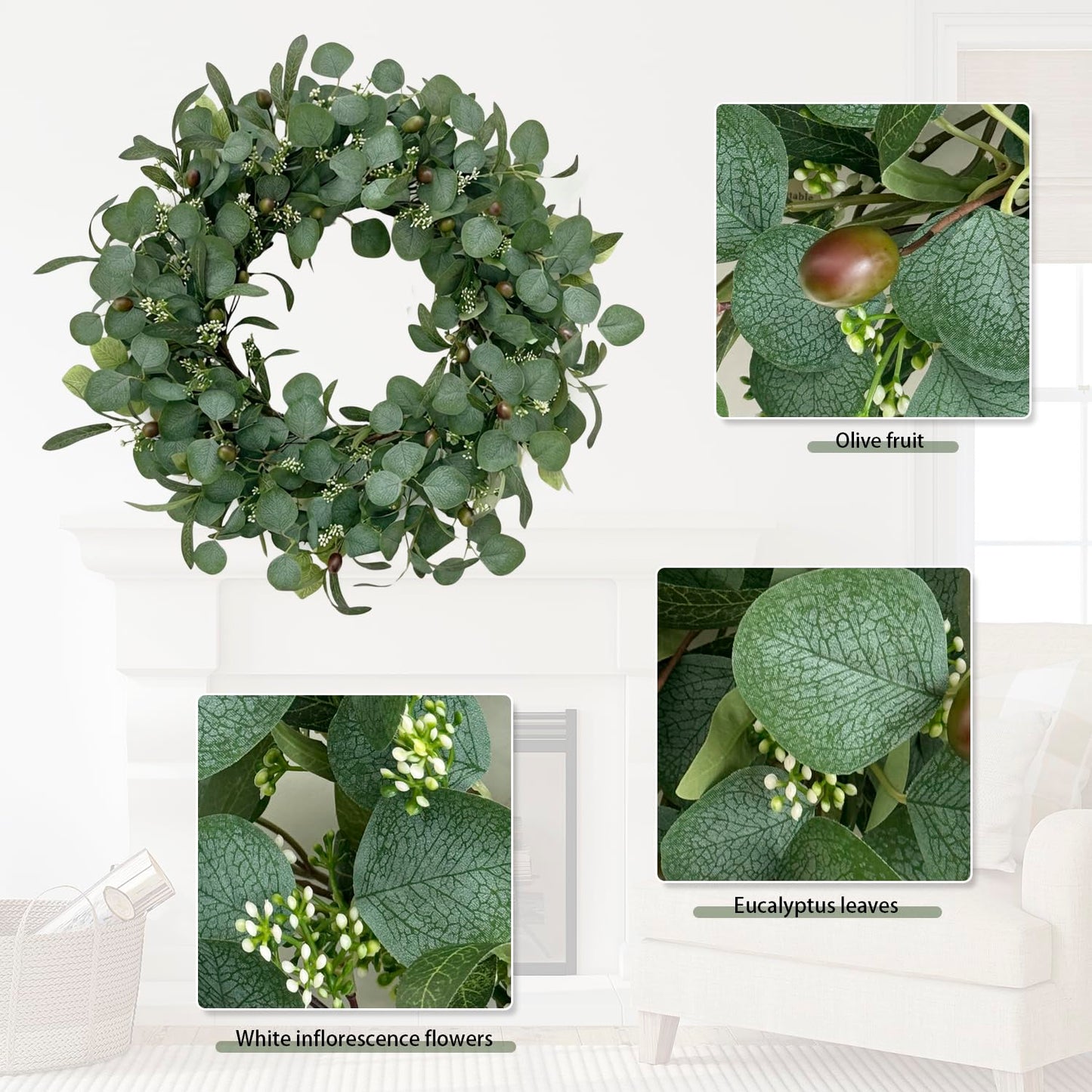GinzeTop 24 Inch Eucalyptus Wreath for Front Door, Large Artificial Greenery Wreaths with Olive Leaves and Berries, Farmhouse Spring Summer Decor for Porch, Wall, Window, All Season