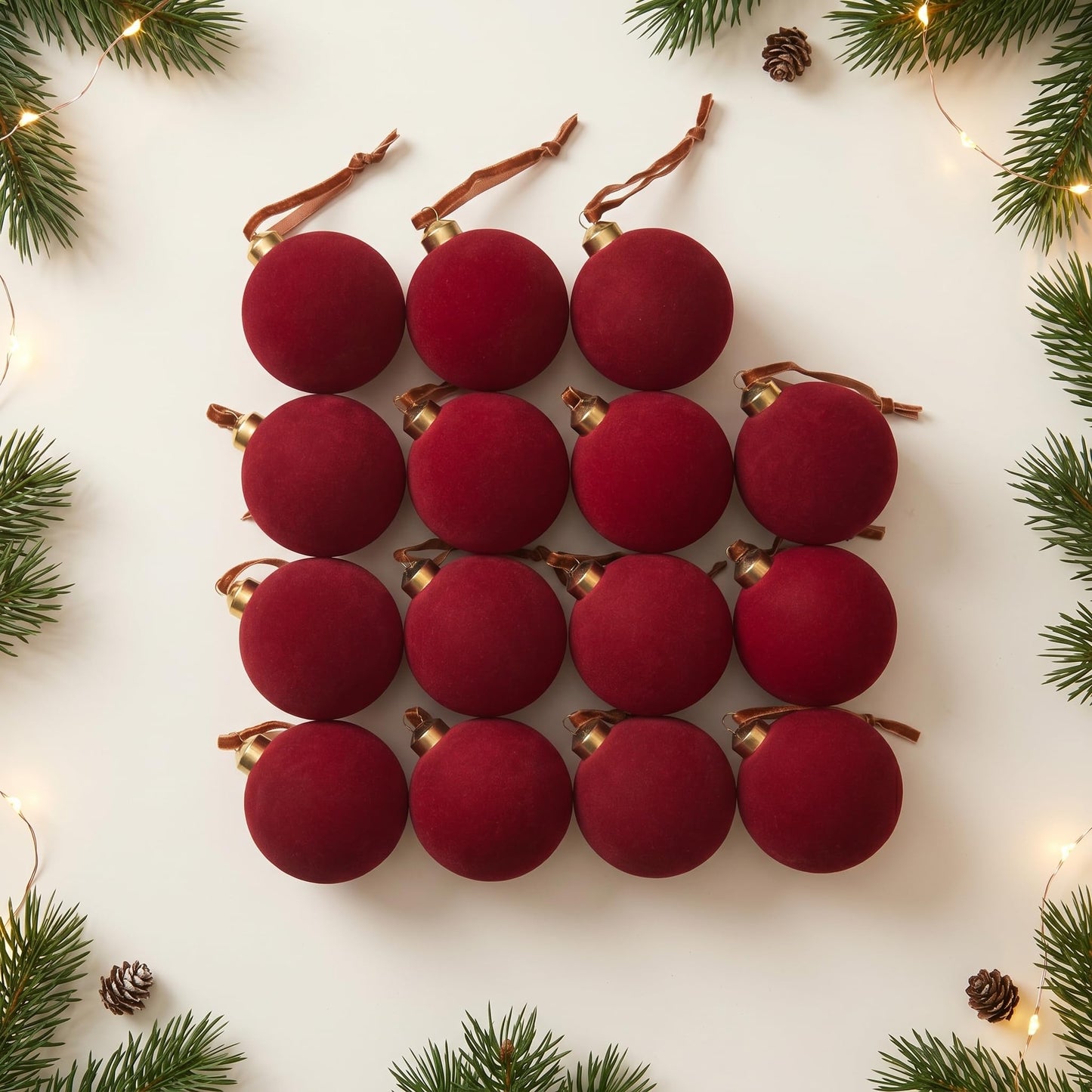 15 Pcs Red Velvet Christmas Decorations Balls, 2.65 Inch Christmas Ornaments for Xmas Tree Decor, Dark Red Flocked Ball for Family Holiday Party Valentines Hanging Decoration