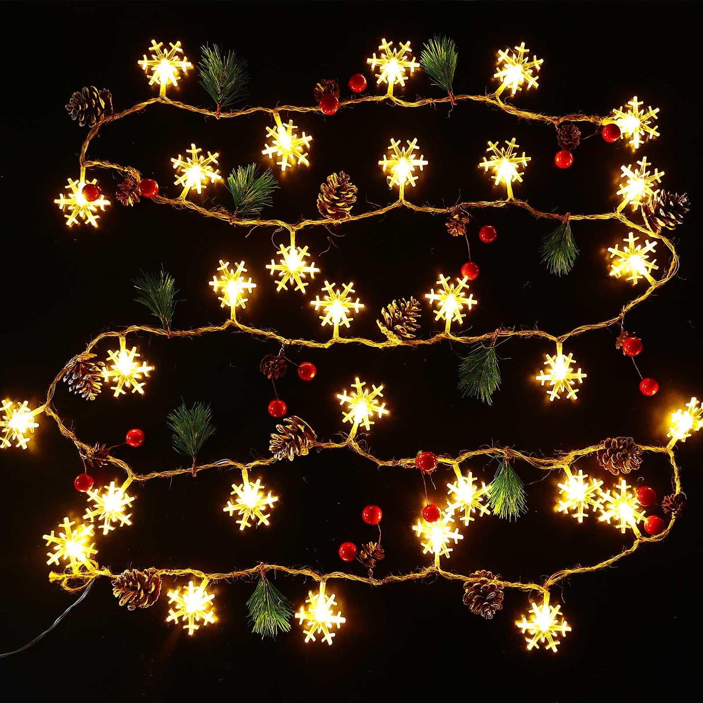 Christmas Garland with Snowflake Lights, 30 Led 10ft Battery Operated 8 Lighting Modes Timer Pine Cones Red Berry Garland Indoor Outdoor Office Decor Xmas String Light Mantle Decorations Warm White