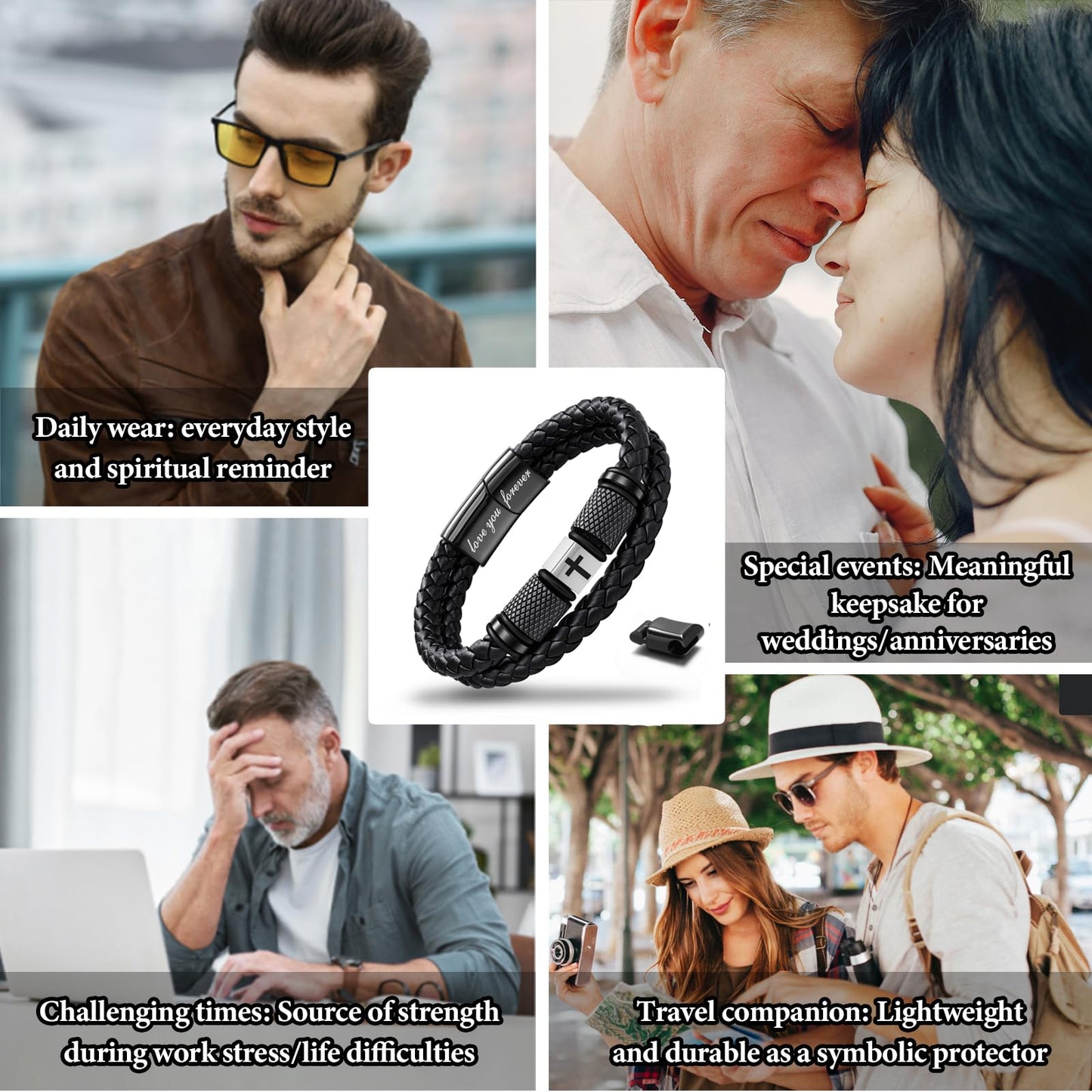 Leejory Christian Cross Bracelet for Men, Double-Row Braided Genuine Black Leather Multi-layer Cuff Bracelet Adjustable Wristband, Catholic Religious Jewelry Baptism Easter Gifts for Young Men Teenage