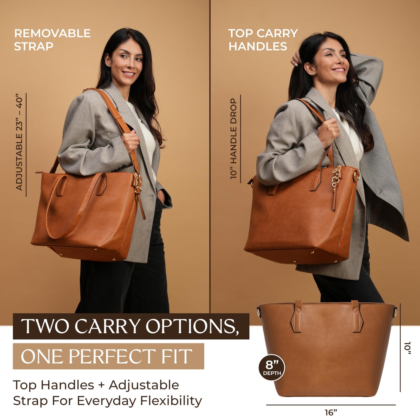 sedena Women’s 16” Laptop Tote Bag – Brown Vegan Leather Work Bag with Cupholder, RFID Pockets, Anti-Pickpocket Zipper, Travel Tote with Trolley Sleeve & Detachable Laptop Sleeve