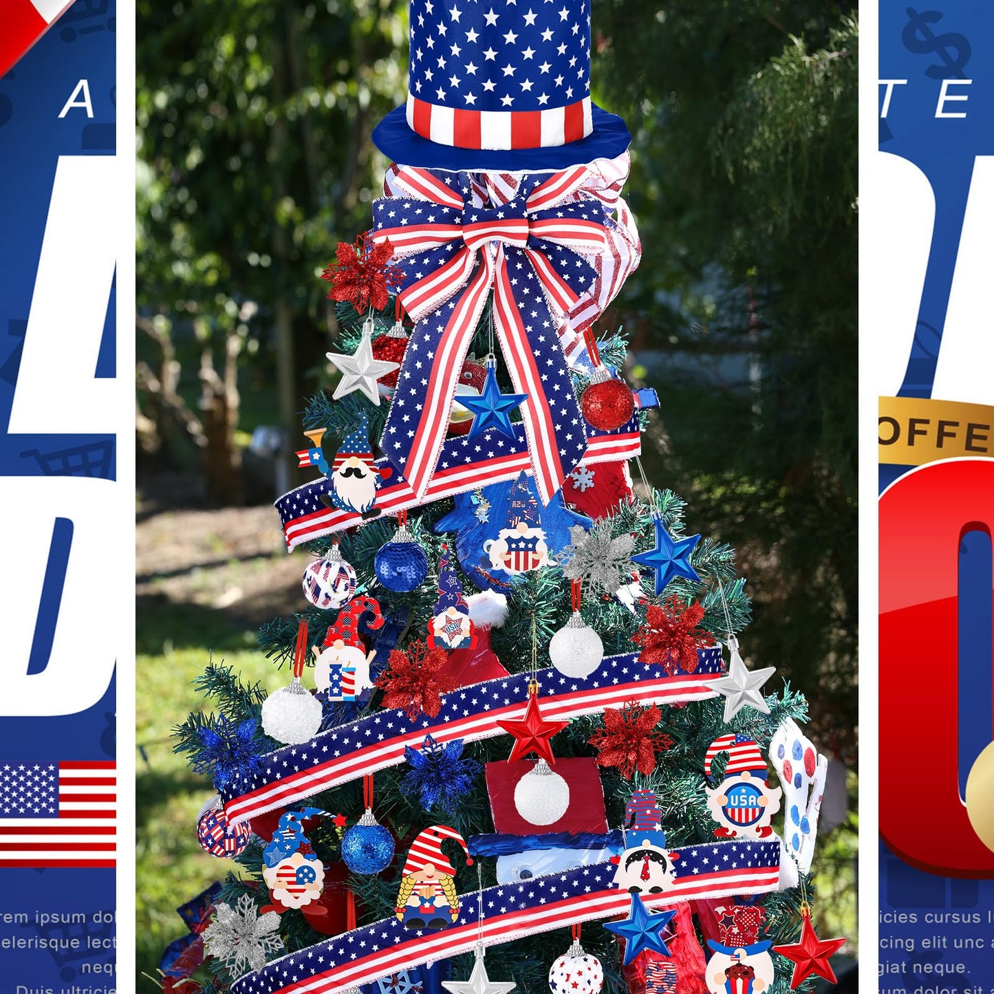 43 Pcs 4th of July Patriotic Tree Decorations Independence Day Christmas Tree Ornaments Ribbon Bow Topper Red White and Blue Hanging Ornaments for National Memorial Day Party