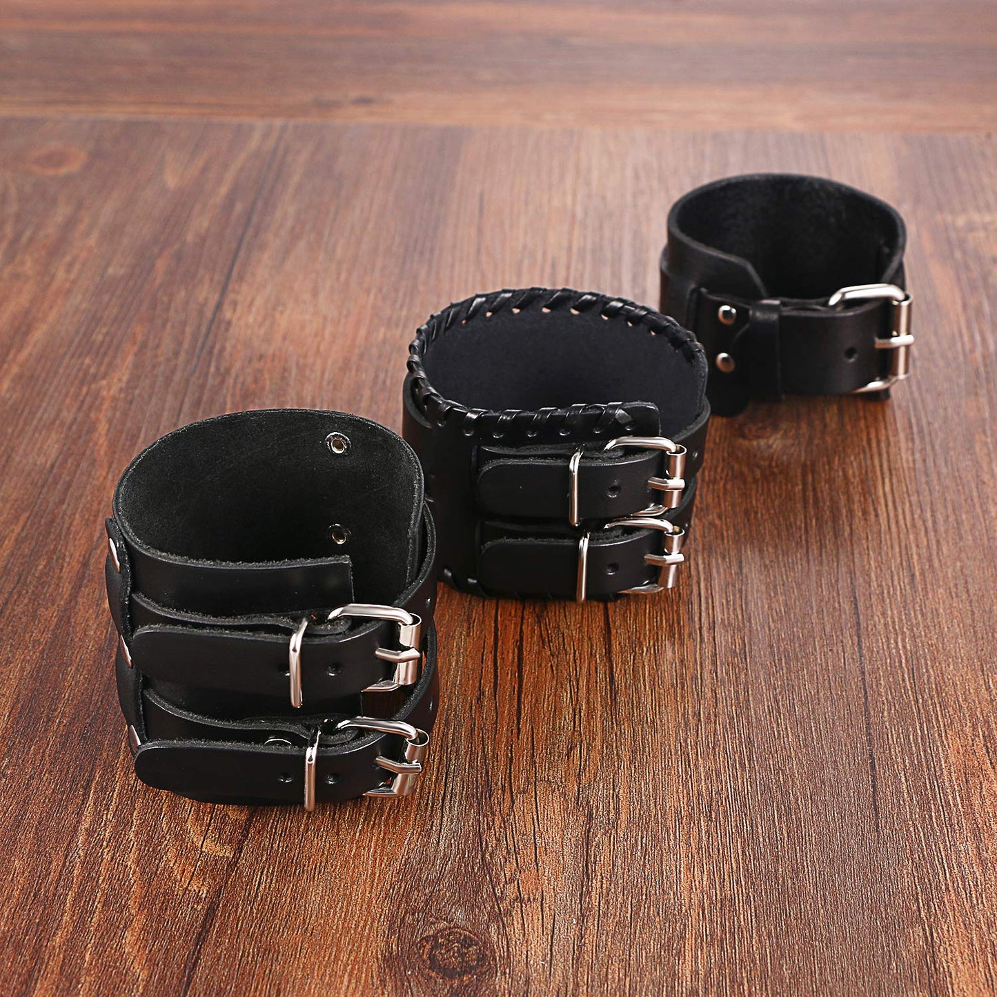 Cupimatch 3 Pcs Black Adjustable Leather Bracelet, Punk Rock Wide Leather Belt Cuff Bangle Wristband for Men for Father's Day