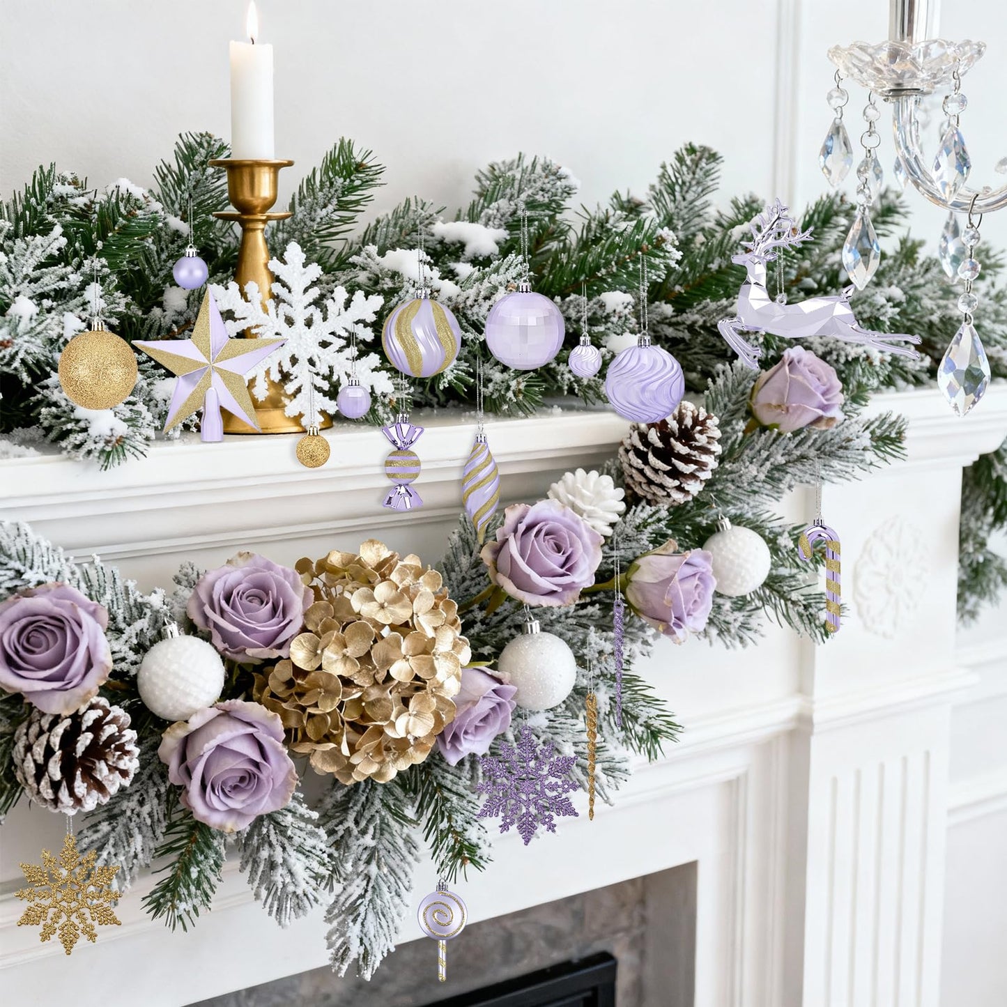 70PCS Christmas Balls Ornaments Set, Shatterproof Xmas Tree Decorations Kit with Balls, Snowflakes, Candy Canes, Star Topper, Reindeer & Hanging Baubles for Holiday Party Decor (Purple & Gold)