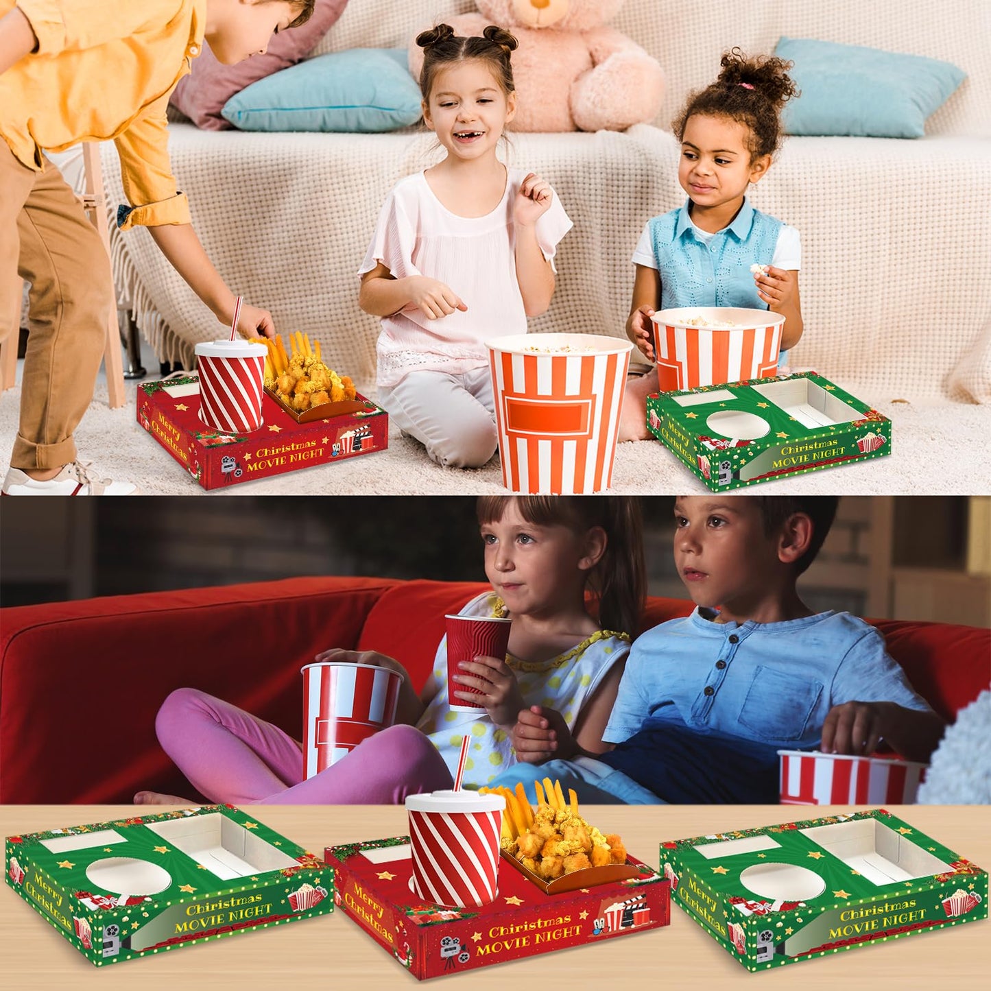 32 Pcs Movie Night Snack Trays Hold Popcorn Candy Food Drink Boxes Merry Christmas Movie Night Party Supplies Christmas Popcorn Food Candy Drink Tray for Kid's Birthday Theater Family Xmas Party Decor