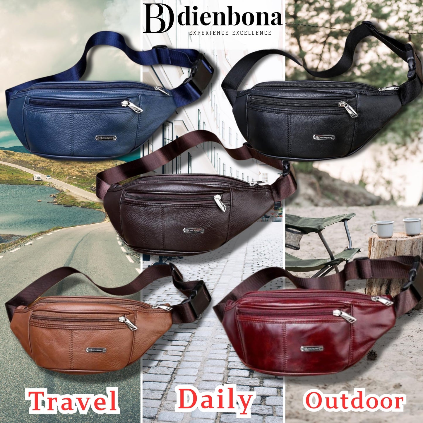 Genuine Leather Fanny Pack Bum Bag for Men – Crossbody Sling Waist Bag with 3 Pockets & Hidden Anti-Theft Pocket, Adjustable Strap, Lightweight Travel Hip Bag for Hiking, Outdoor & Daily Use (Oxblood)