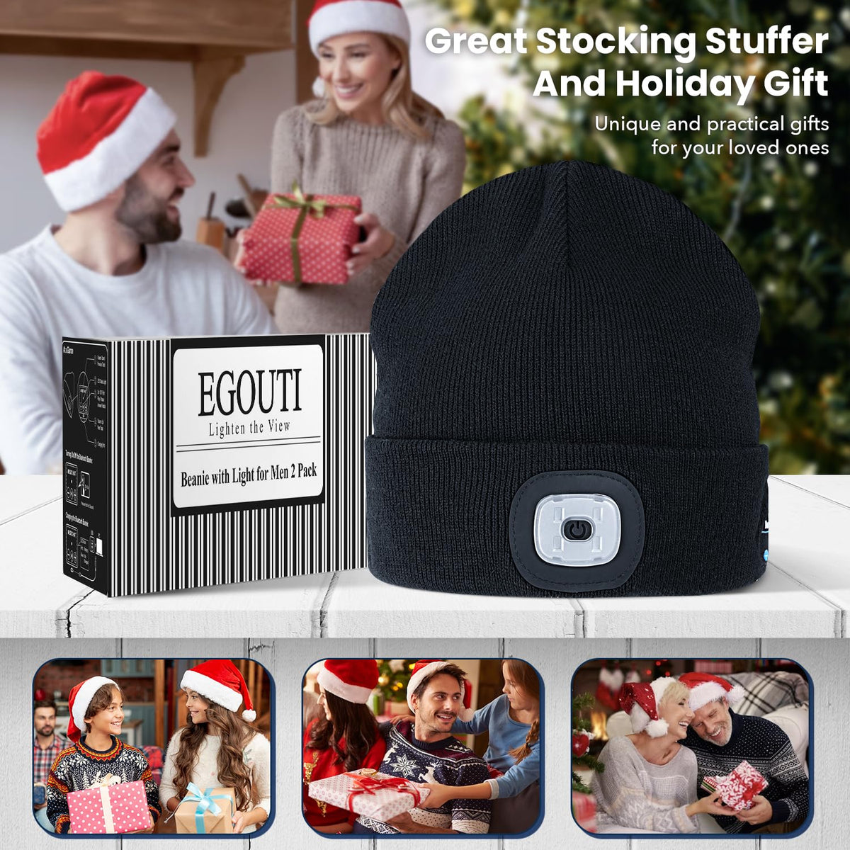 Bluetooth Beanie Hat with Light for Men 2 Pack, Rechargeable LED Beanie with Light, Headlamp Cap Wireless Headphones Built-in Speaker Mic for Teens Stocking Stuffers for Men(Back+Grey)