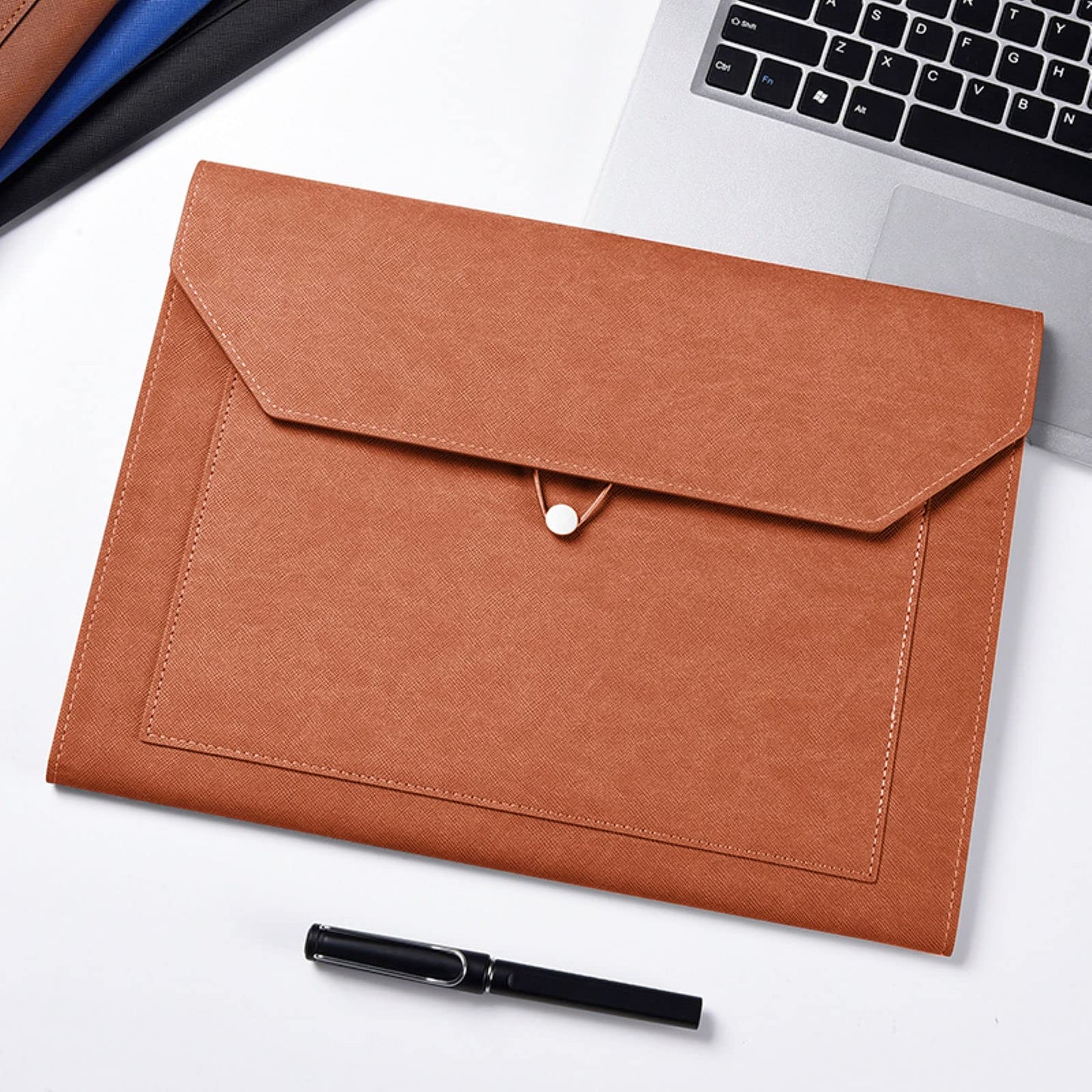 Yufocusqc PU Leather A4 File Folder Document Holder 2 Pockets Portfolio Envelope Folder Case with Elastic String 3/4 Inch Expansion (Brown)