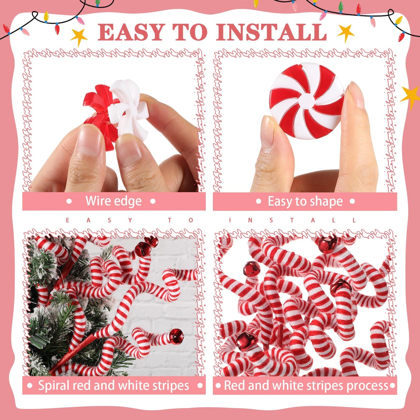 Yunlly 52 Pcs Christmas Candy Canes Ornament Gift Woolen Bells Curly Pick Fake Candy Hanging Ornament with Crystal Wire Christmas Tree Picks for Xmas Home Tree Decor