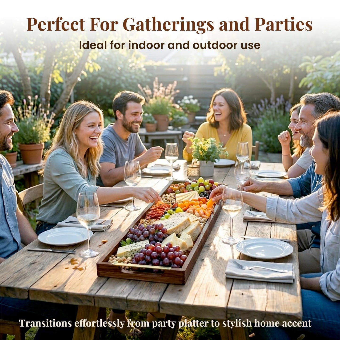 36" Acacia Wooden Charcuterie Board with Handles, Extra Long Cheese & Serving Tray for Party Appetizers, Bread, Meat & Fruit Display, Natural Wood Kitchen Platter for Entertaining