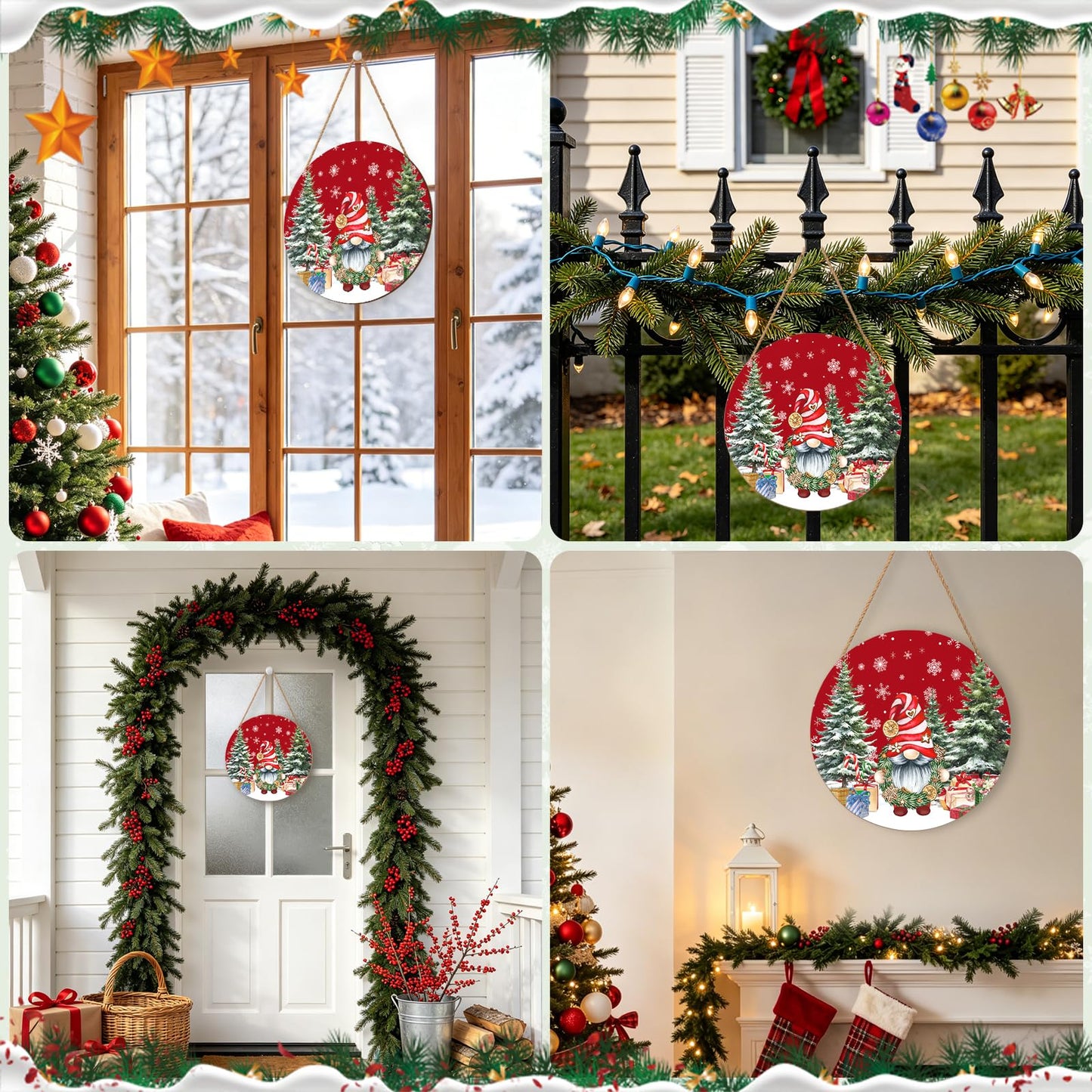 Christmas Gnome Welcome Sign - Merry Christmas Door Hanger, 12'x12' Wooden Hanging Sign for Front Door, Porch Decor, Winter Wreath