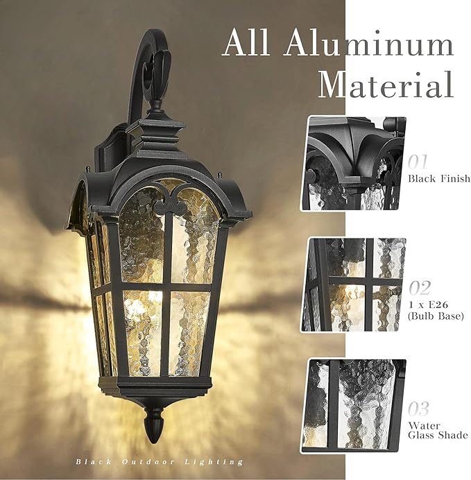Emliviar 28.7 Inch Farmhouse Wall Light, Large Exterior Wall Sconce for Porch Patio, Water Grain Glass in Black Finish, WE215BL BK