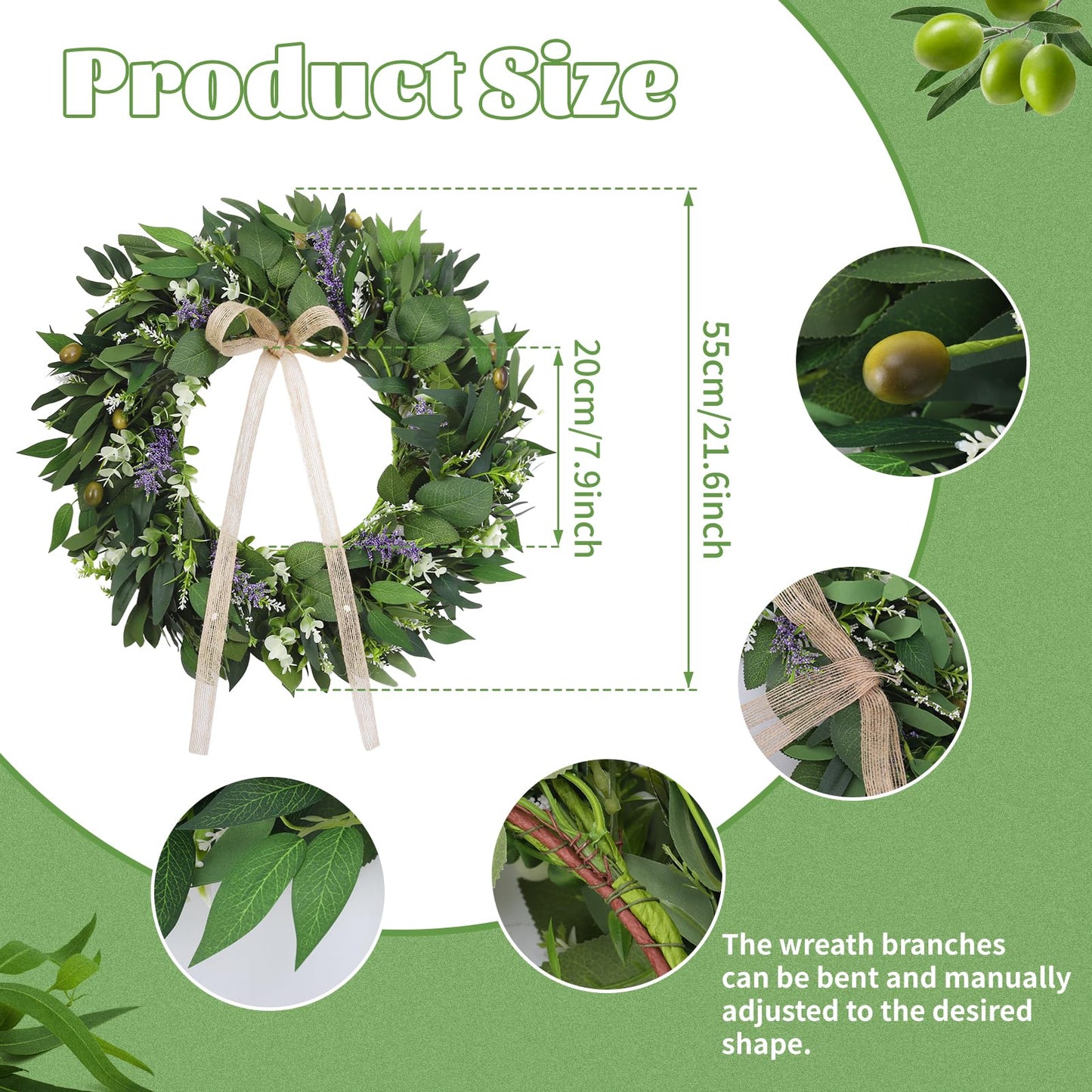 Ovveroche 22Inch Summer Eucalyptus Wreath for Front Door Greenery Wreath Door with Olive Boxwood Leaves Bow for Spring Summer All Season Outdoor Home Decor