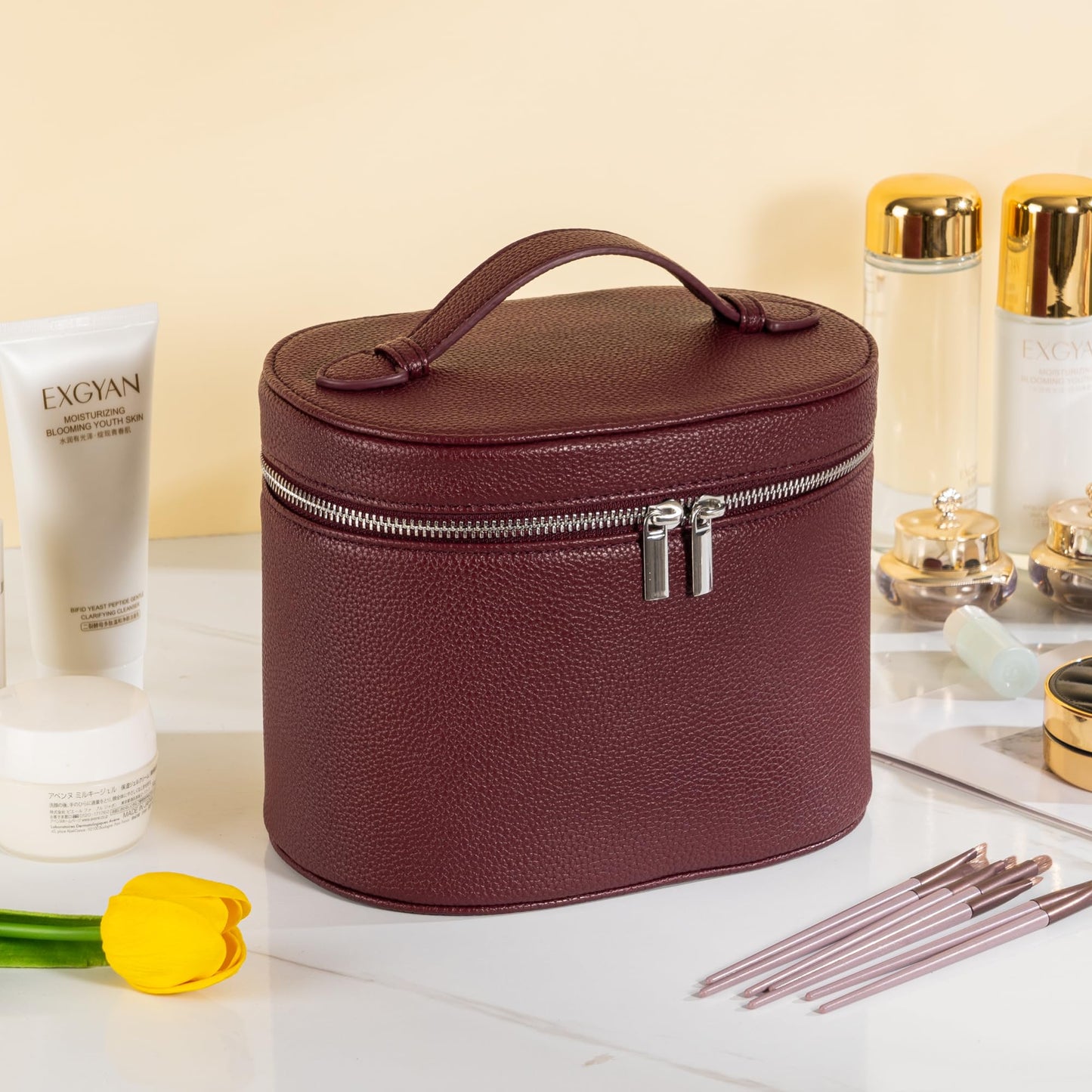 UUYUUY Makeup Bag Vanity Case Cosmetic Bag with Removable Divider Travel Toiletry Bag for Women Portable Make up Box Organizer, Burgundy