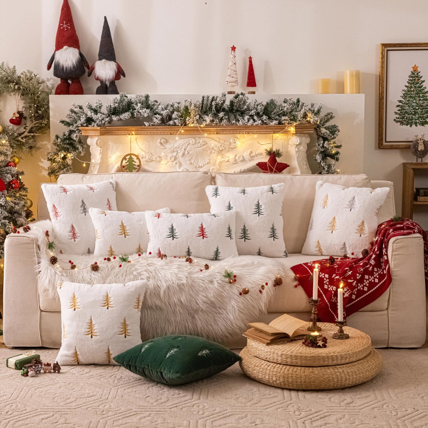 AQOTHES Christmas Tree Gold Throw Pillow Covers 18x18, Soft Faux Fur Embroidered Throw Pillows for Couch Sofa Cushion Covers Holiday Home Decor