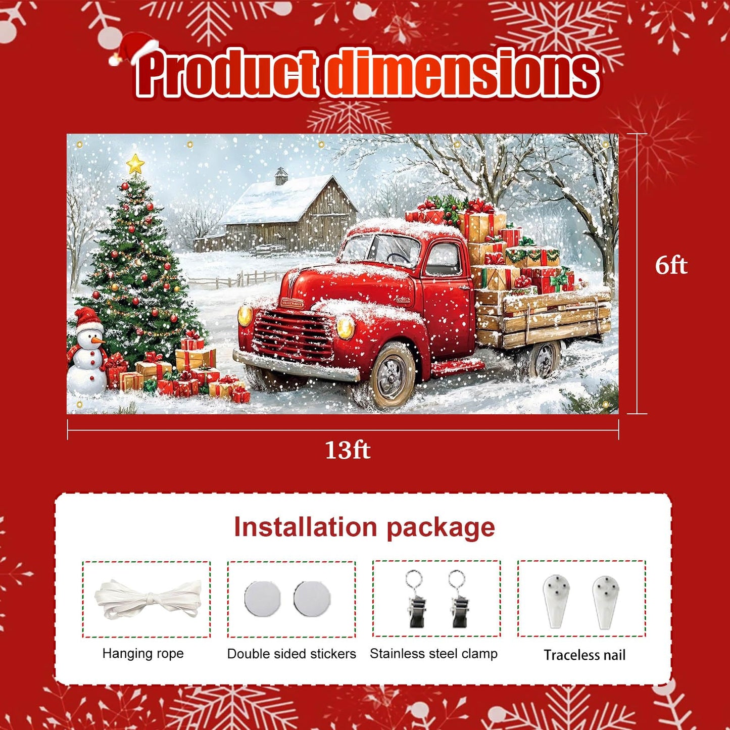HOMETITUTE Christmas Garage Door Banner 13x6ft Red Truck Christmas Tree Snowman Barn Theme Backdrop Banners for Outside Inside Winter Door Cover Garage Wall Covering for Party Garage Decorations