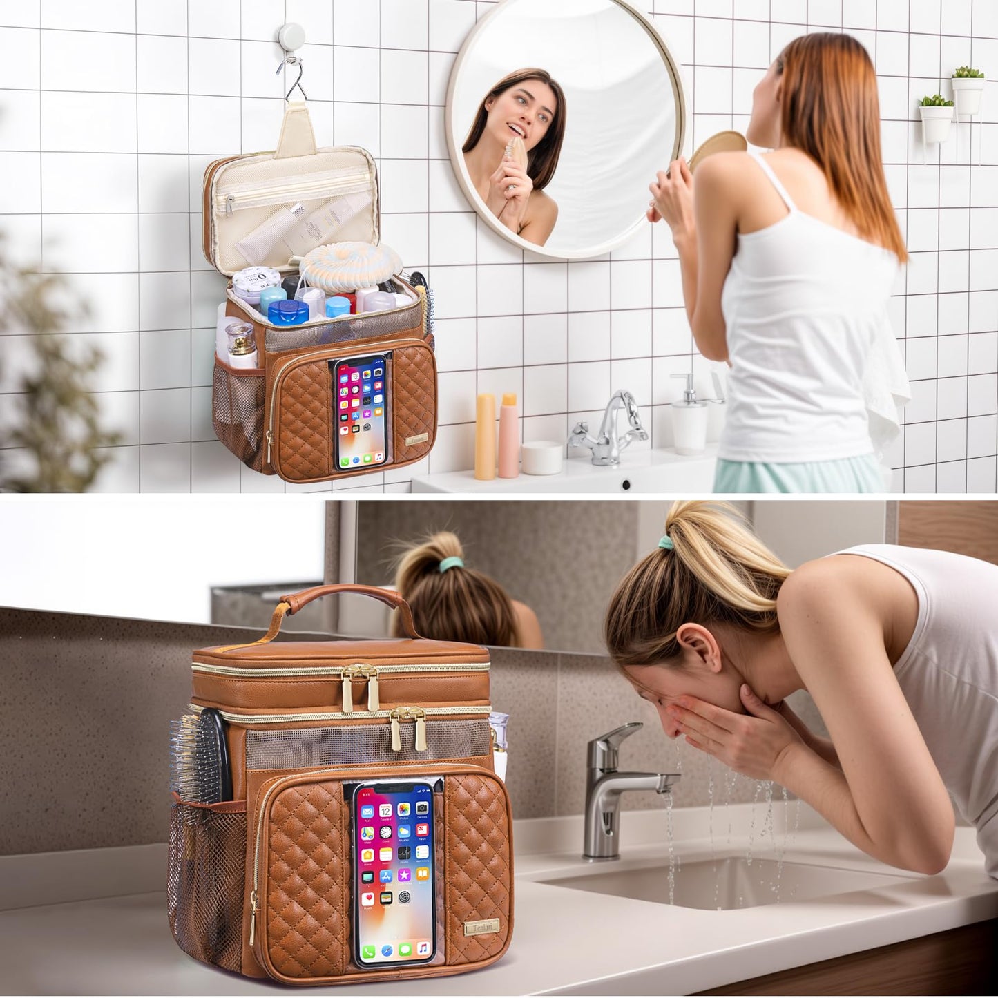 Large Leather Toiletry Bag for Women Men,Bathroom Bag,Water Resistant Shower Bag,Makeup Bag,Portable Shower Caddy for College Dorm,Hanging Travel Toiletry Bag with Transparent Waterproof Phone Pocket