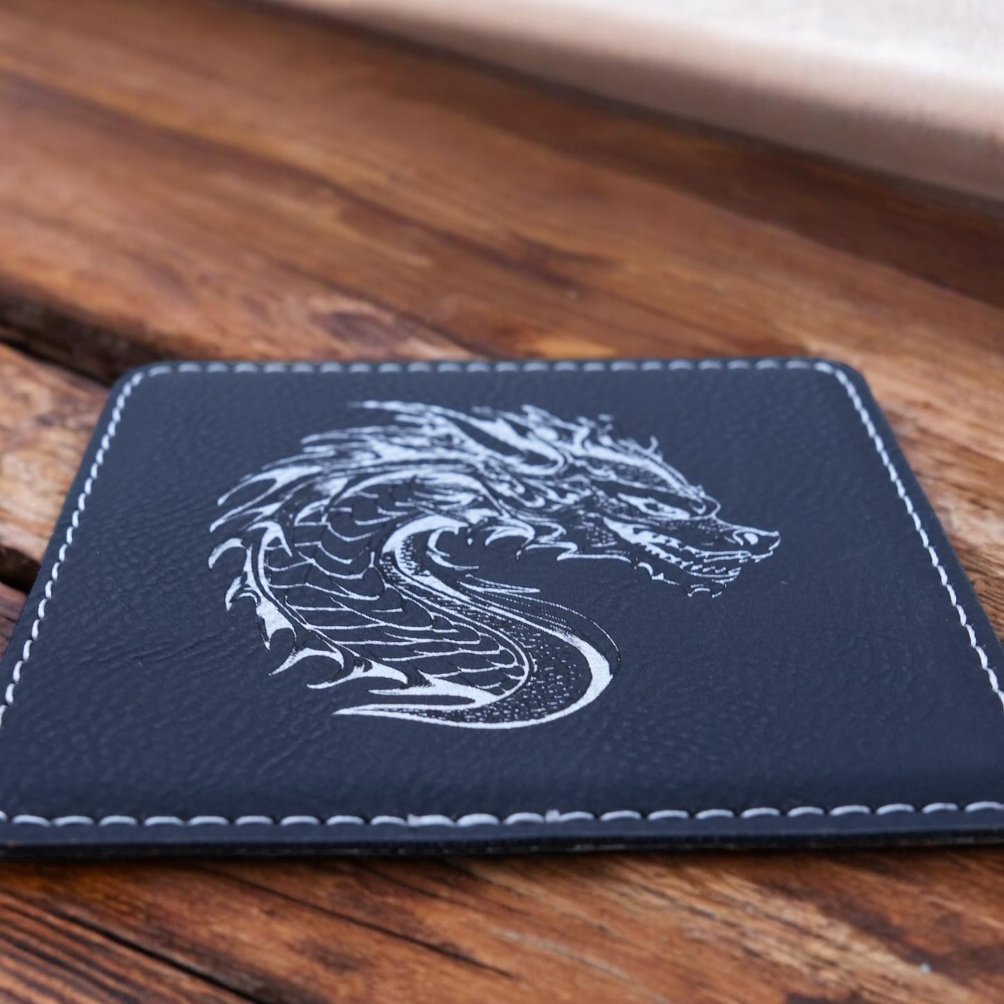 Coaster - Dragon - SET OF 2 - Leather or Stitched Cork (Black/Silver)