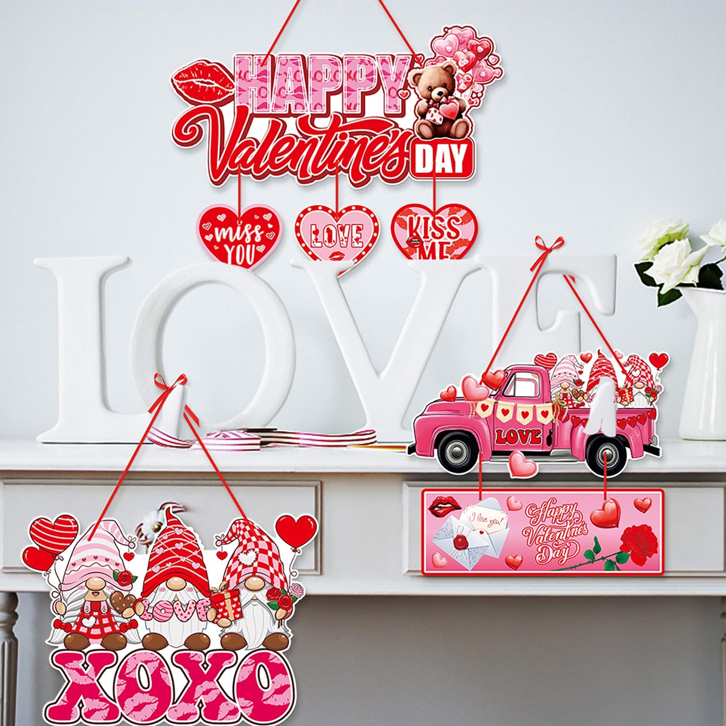 Pink-Red Valentines-Day Front-Porch Door Hanger-Decor - 6pcs Love Romantic Special Night Galentines Party Paper Signs Banners,Engagement Wedding Anniversary Wall Hanging Decorations Lasting Surprise