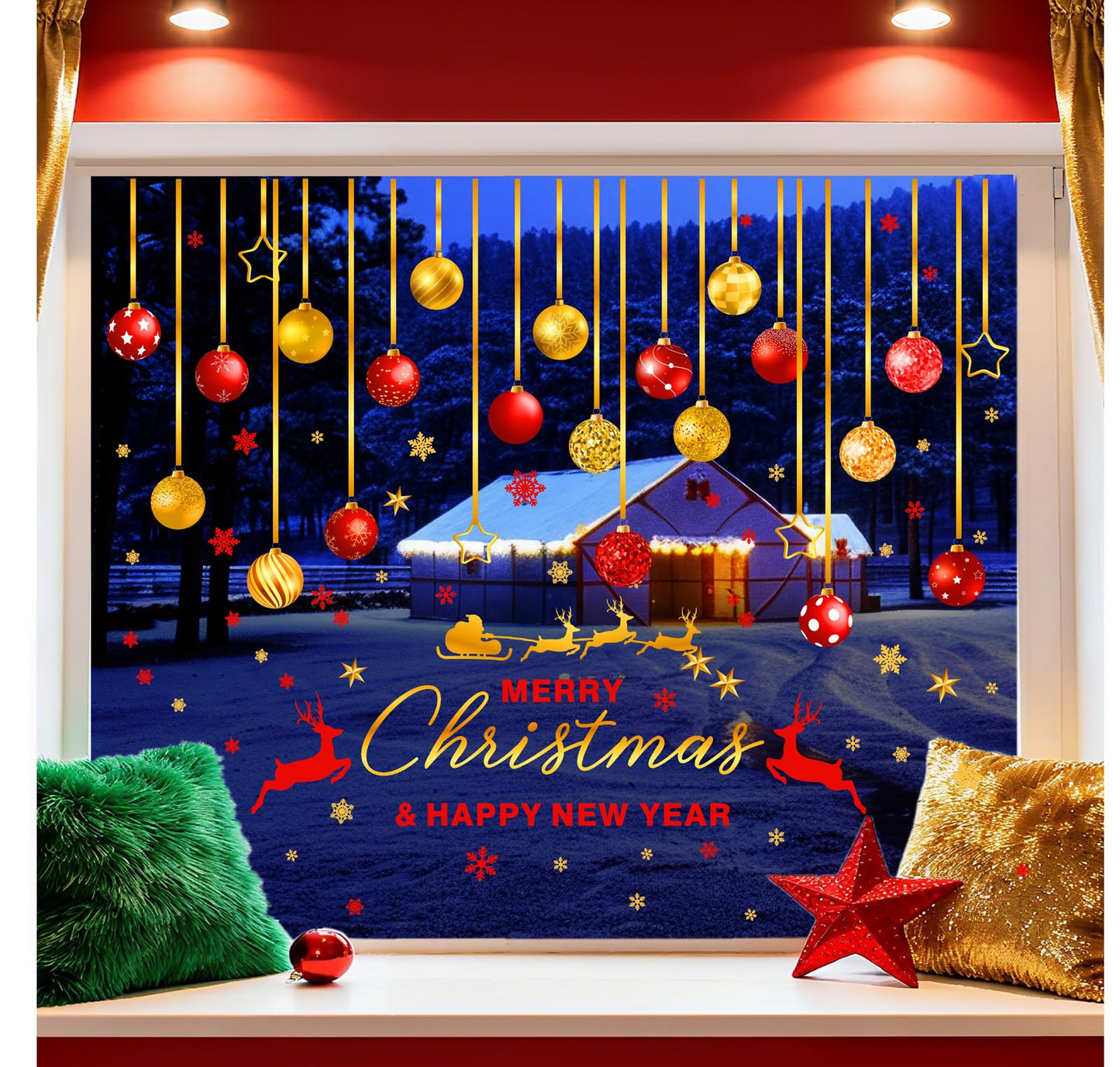Christmas Bell Wall Stickers Large Ornament Wall Decals Peel and Stick Merry Christmas New Year Wall Decals Clings Holiday Red Gold Snowflake Hanging Bells Window Sticekrs Xmas Party Decoration