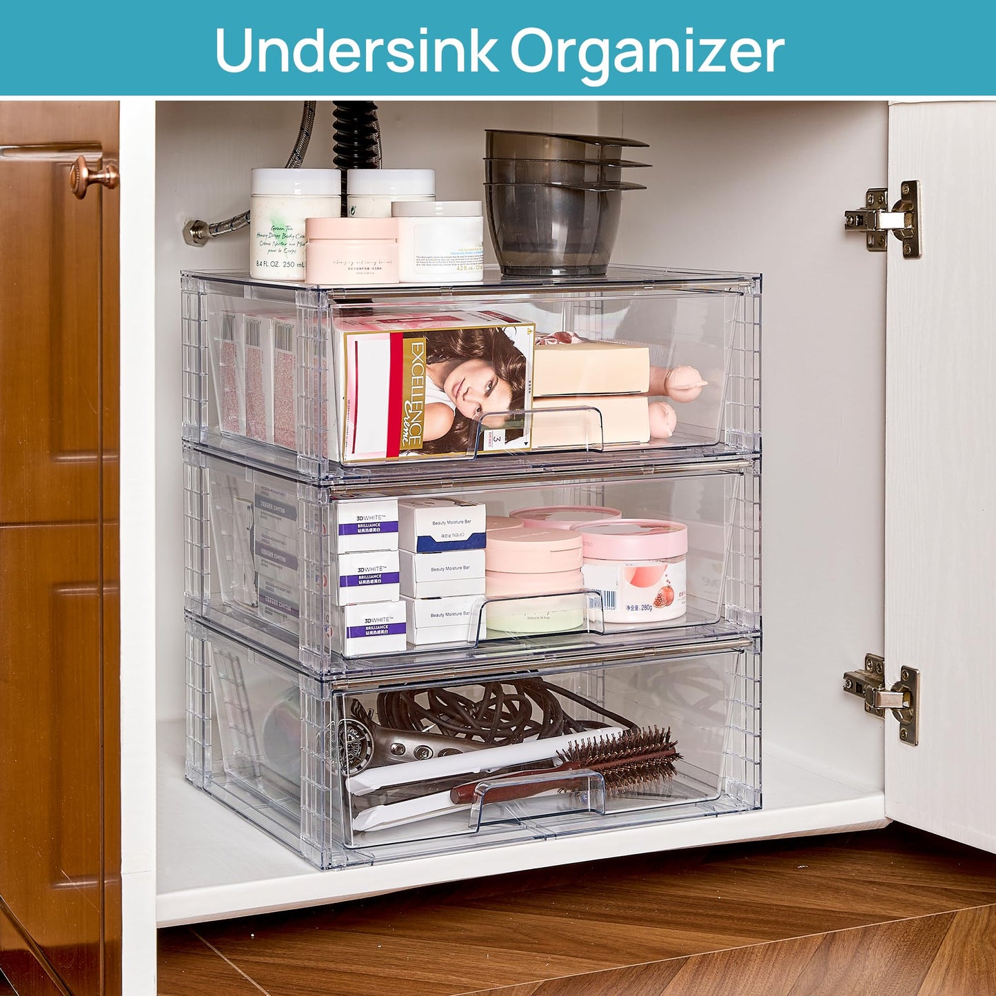Vtopmart 2 Pack Large Stackable Storage Drawers,Easily Assemble Clear Acrylic Bathroom Closet Undersink Organizers,Plastic Storage Bins for Cabinet,Kitchen Pantry,Medicine Organization