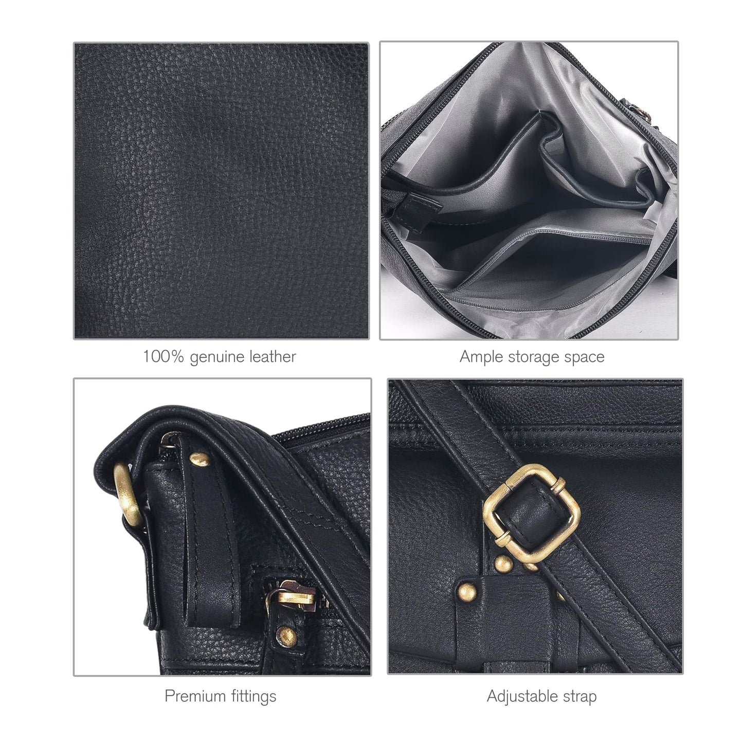 Oak Leathers Leather Crossbody Bag For Women With Adjustable Sling Strap - Medium Size Crossover Shoulder Handbag Purse (Black Smooth)