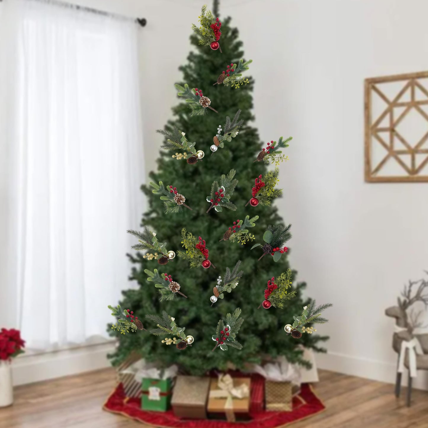 Gudegou 10 Pack Christmas Tree Picks with Gold Slive Ornaments,12-15Inch Red Derry Stems with Pinecone for Floral Arrangements DIY Crafts