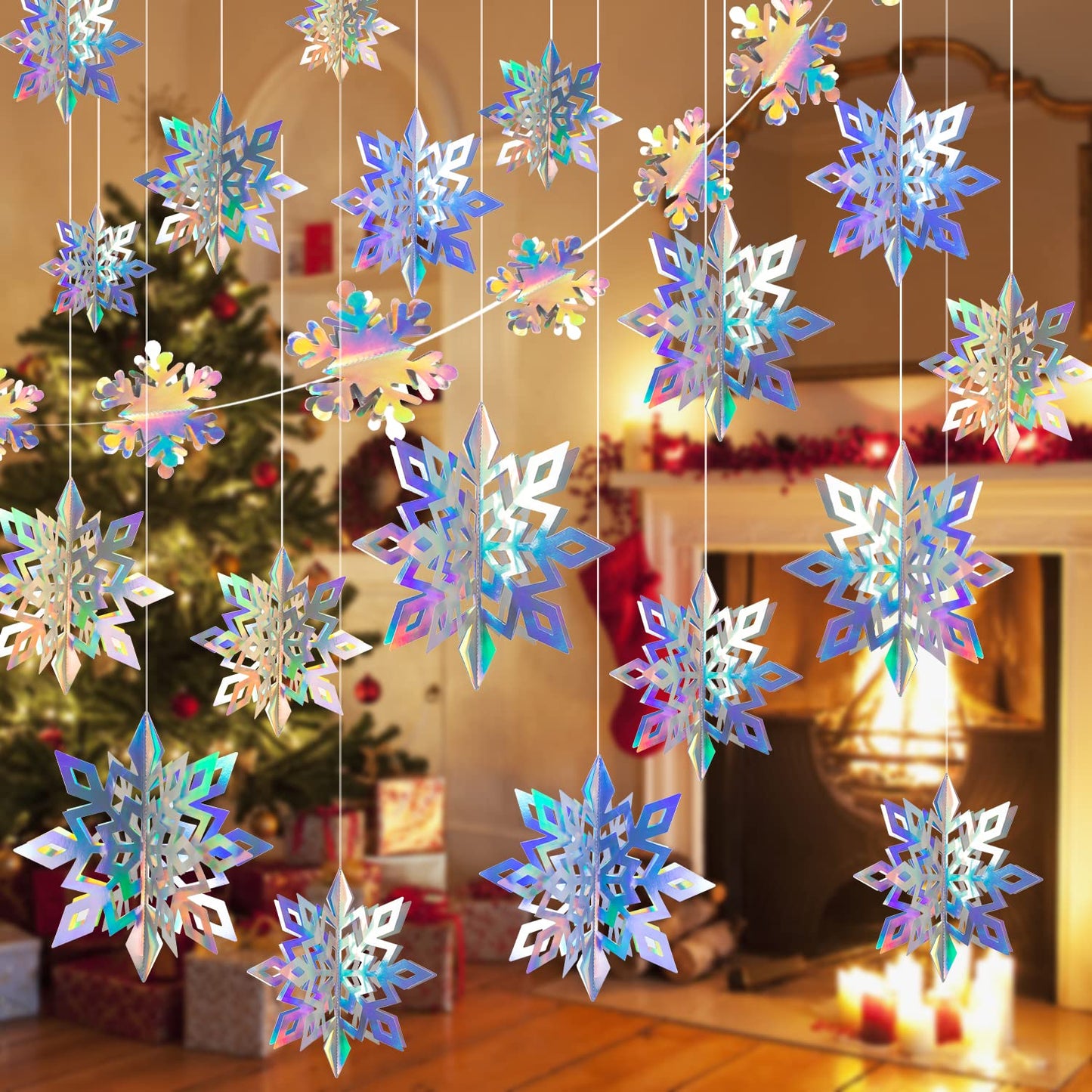 27PCS Christmas Hanging Snowflakes 3D Paper Snowflakes Christmas Tree Decorations Hanging Snowflake Decorations for Winter Wonderland Christmas Indoor Outdoor Holiday Decor (27, Iridescent)