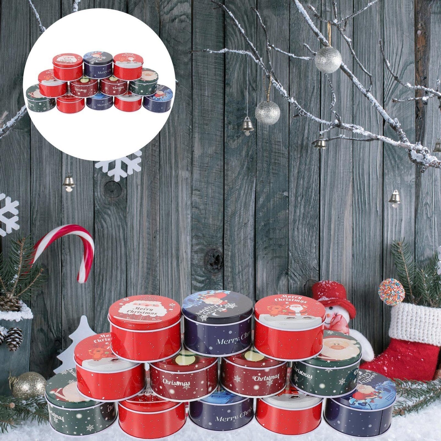 Angoily Christmas Cookie Tins with Lids, 12pcs Round Christmas Candy Tin Set, Holiday Containers for Homemade Cookies Treats, Small Reusable Metal Storage Boxes Holiday Party Favors Packing Boxes