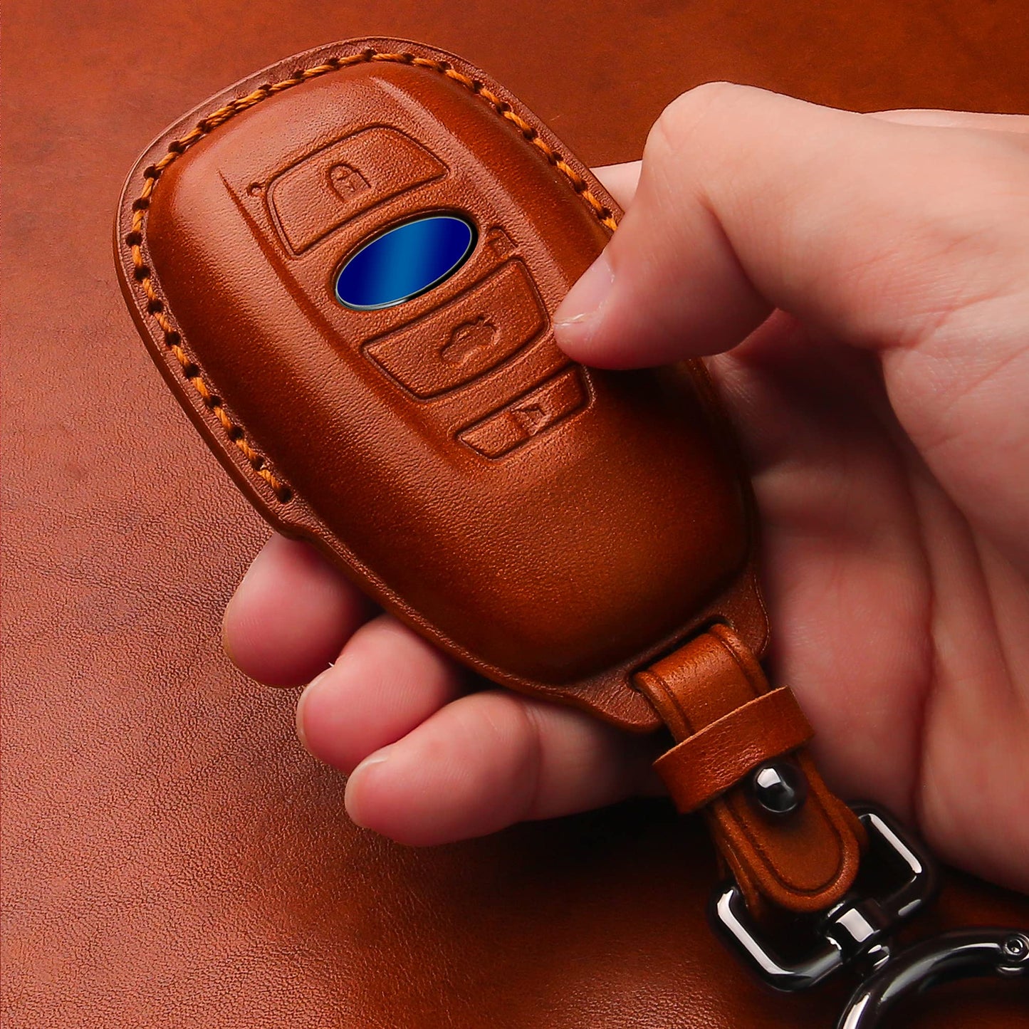 Tukellen Compatible with Subaru Leather Key Fob Cover with Keychain Fit For WRX Outback Ascent Forester Crosstrek Legacy Impreza Smart Remote, Genuine Leather Case-Brown