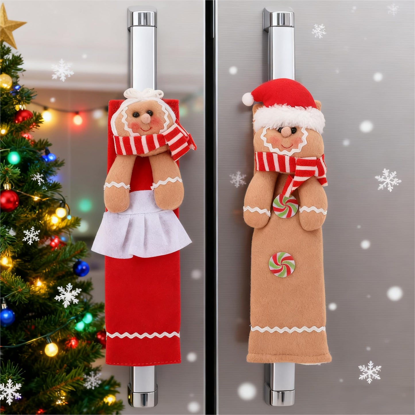 jojofuny 2Pcs Christmas Refrigerator Handle Covers - 11.5" X 6.5" Gingerbread Refrigerator Door Handle Covers, Gingerbread Christmas Kitchen Decor