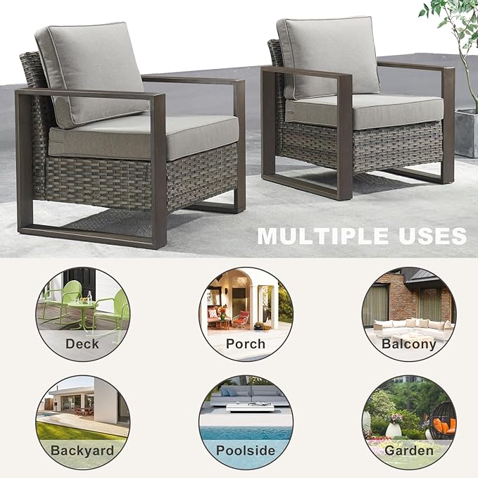 Rilyson Wicker Outdoor Patio Chairs Set of 2, Rattan Patio Furniture Chairs with Sturdy Frame,All-Weather PE Wicker,Wide Armrest,Deep Seating and Thick Cushions for Deck Porch Garden(Mixed Grey/Grey)