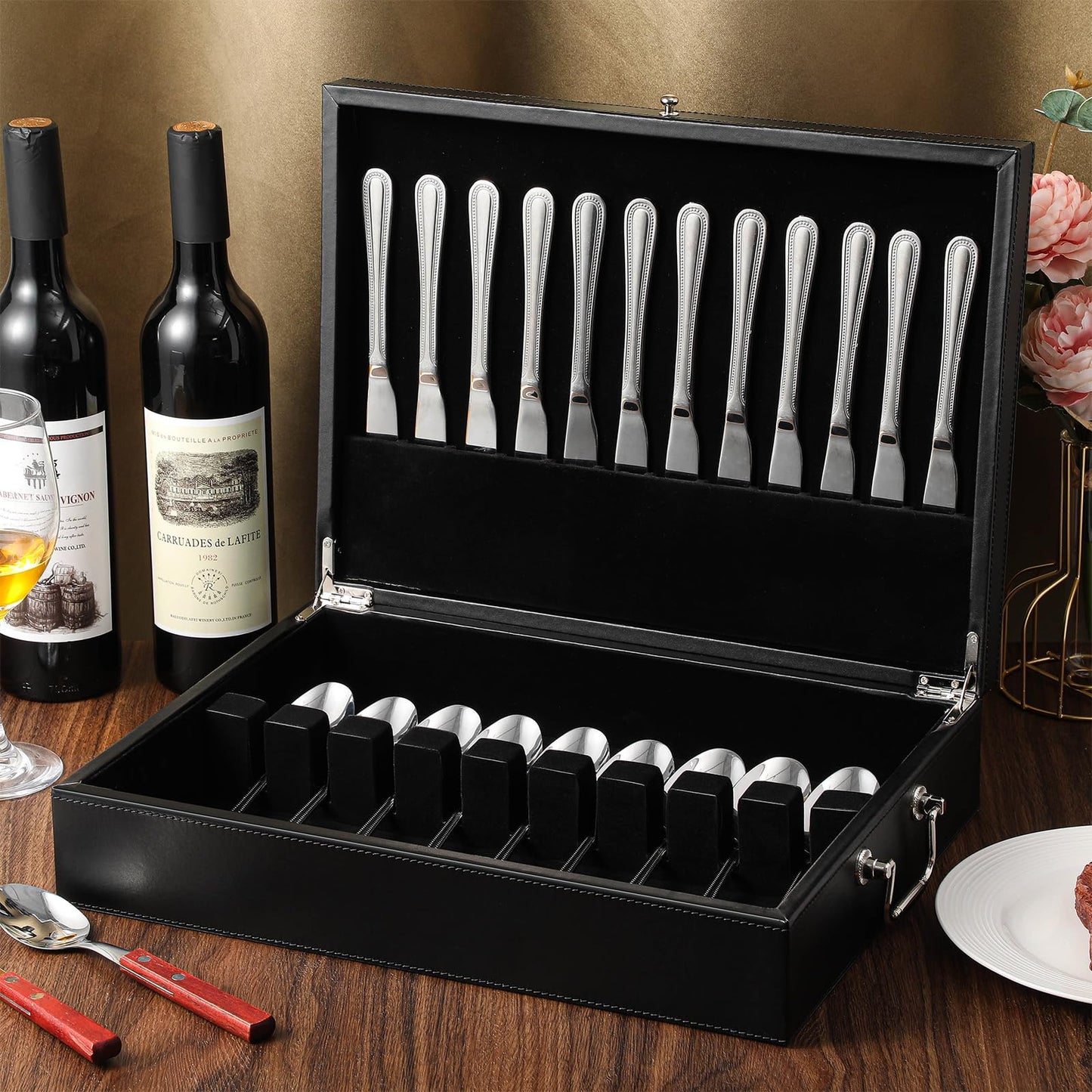 DoubleFill 1 Layer Leather Silverware Storage Box with Lid and Handles, Anti Tarnish Silverware Storage Chest Case with Felt-lined for 12 Sets of Utensils Flatware Gifts, 15.3x11.2x3.6 Inch