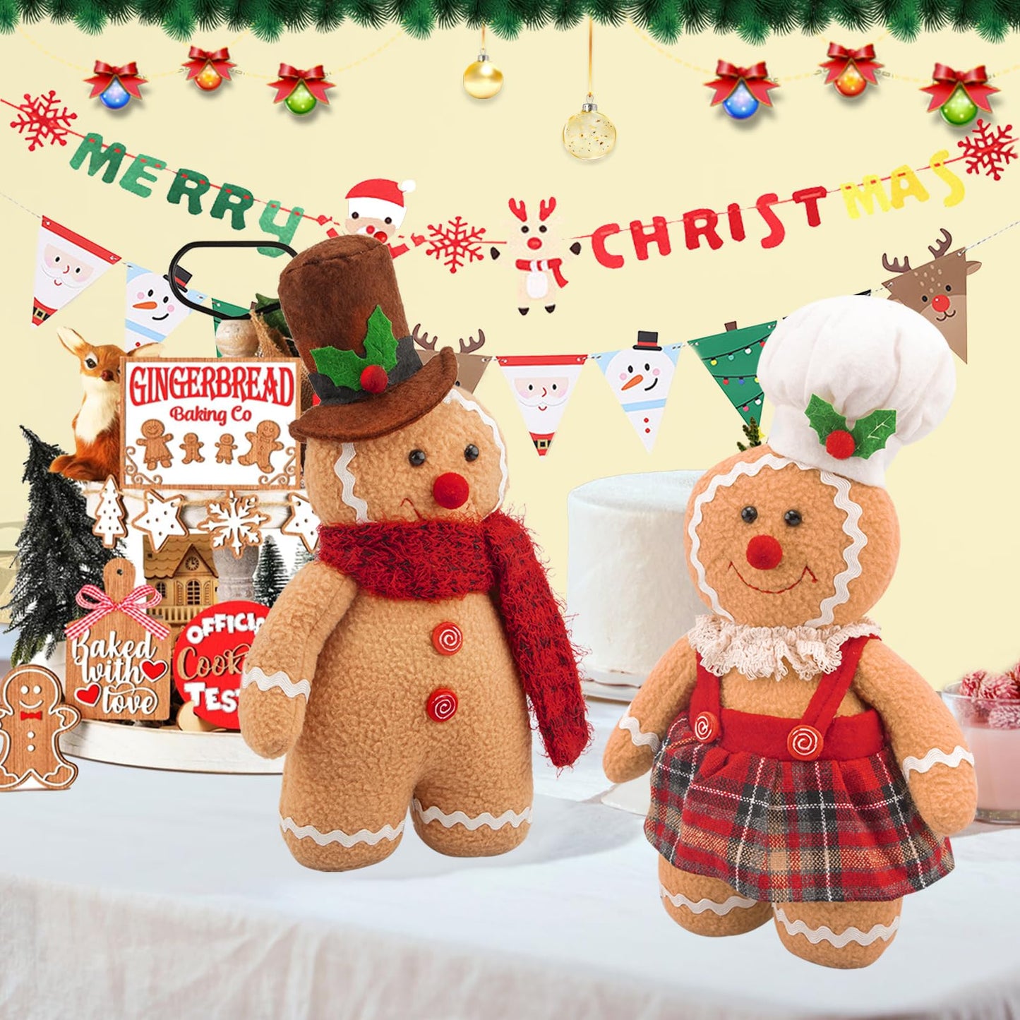 Christmas Decorations Indoor 12.6 inch Gingerbread Plush Ornaments Gingerbread Man Stuffed Animal Christmas Decor Gift for Kids Girls (Set of 2)