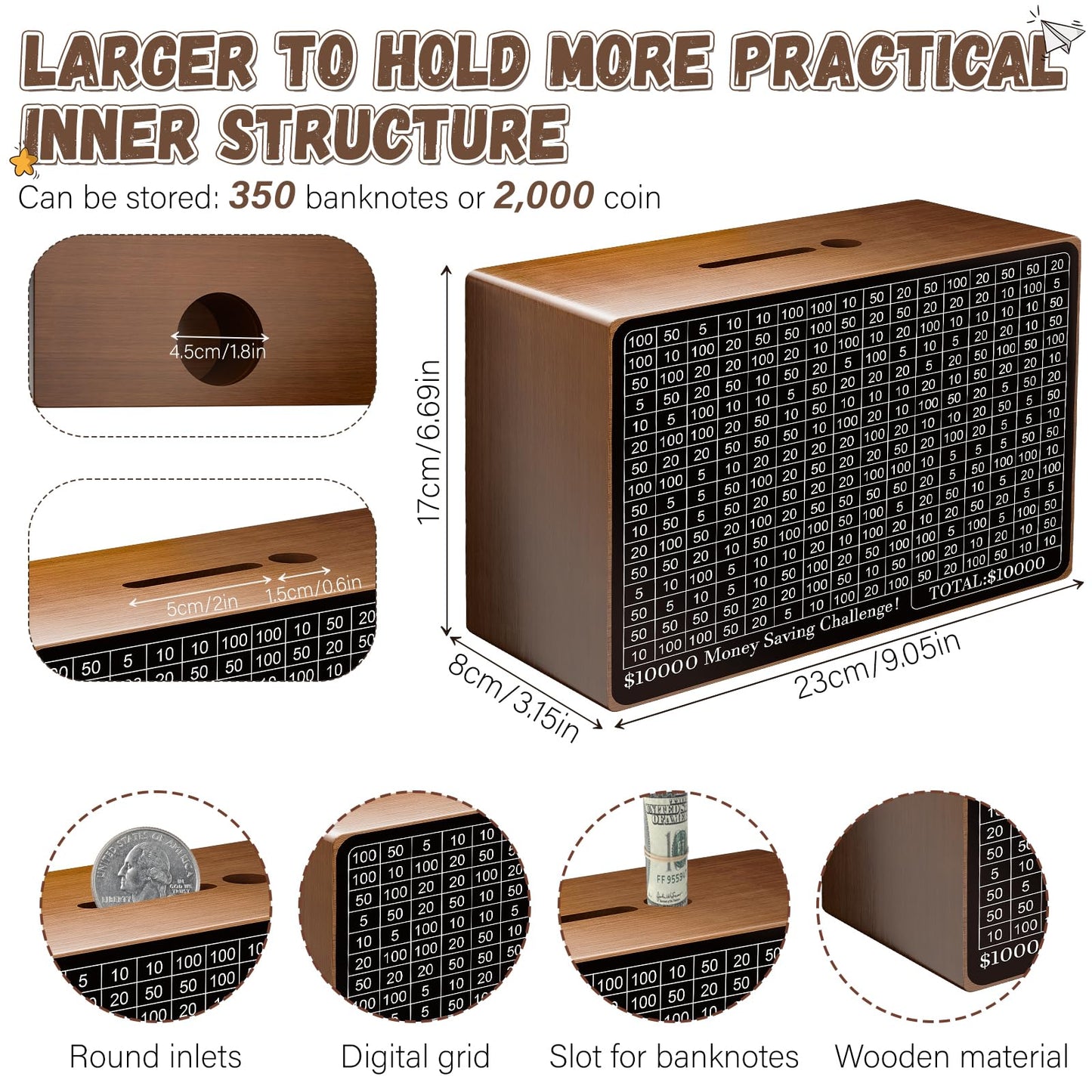 Wooden Money Saving Box, Cash Vault Savings Box for $10000 $5000 $3000 $1000 $800 $500 Target Money Saving Challenge, Reusable Money Box with Counter, Dry Erase Pen/Savings Trackers/Rubber Band-Brown