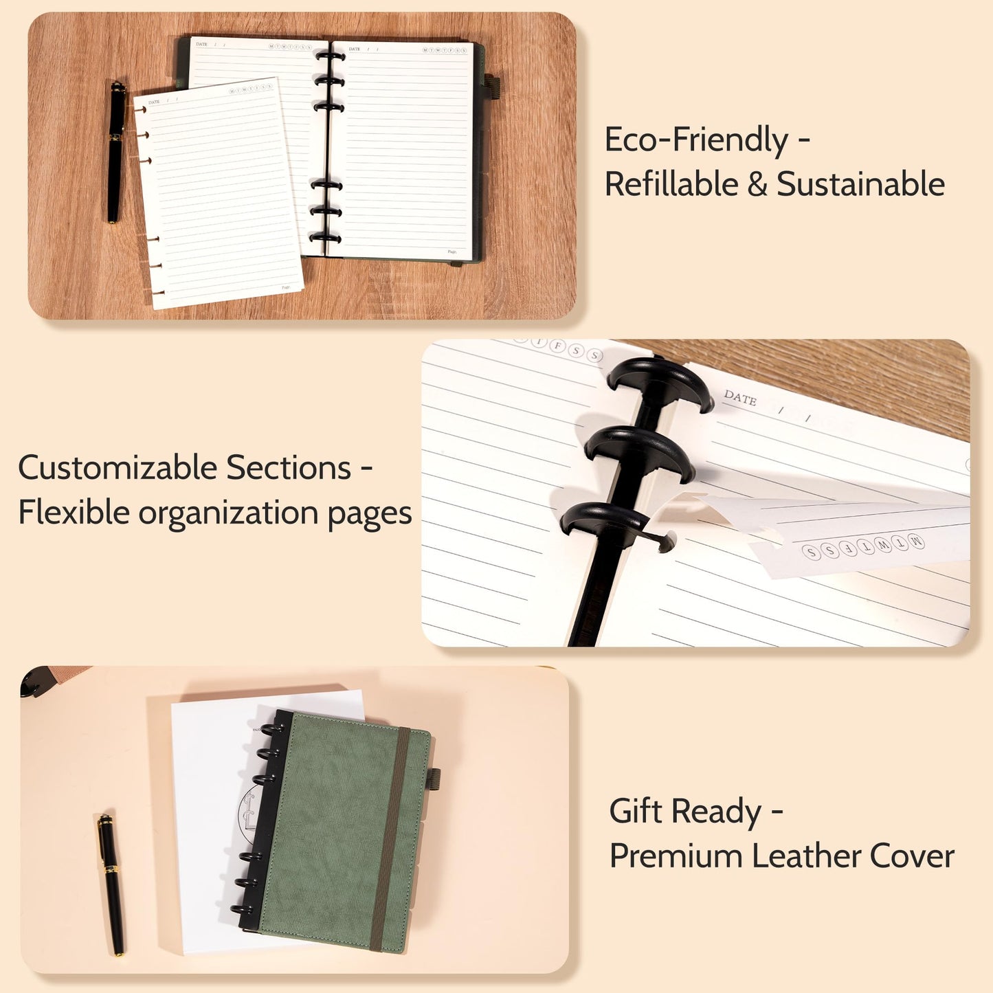 Yoment Leather Journal Notebooks for Work Refillable 224 Page 100 GSM Thick 5 Subject Notebook with Removable Dividers Tabs Hardcover Notebook for School Note Taking Teachers Women Men 6.1 x 8.3,Green