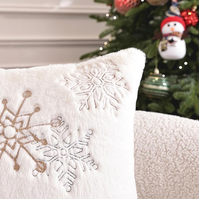 Christmas Throw Pillow Covers 18x18 Set of 2,Soft Plush Faux Fur Christmas Pillows Covers Embroidery Decorative Throw Pillows for Couch Bedroom Holiday Festivals Winter Home Decor