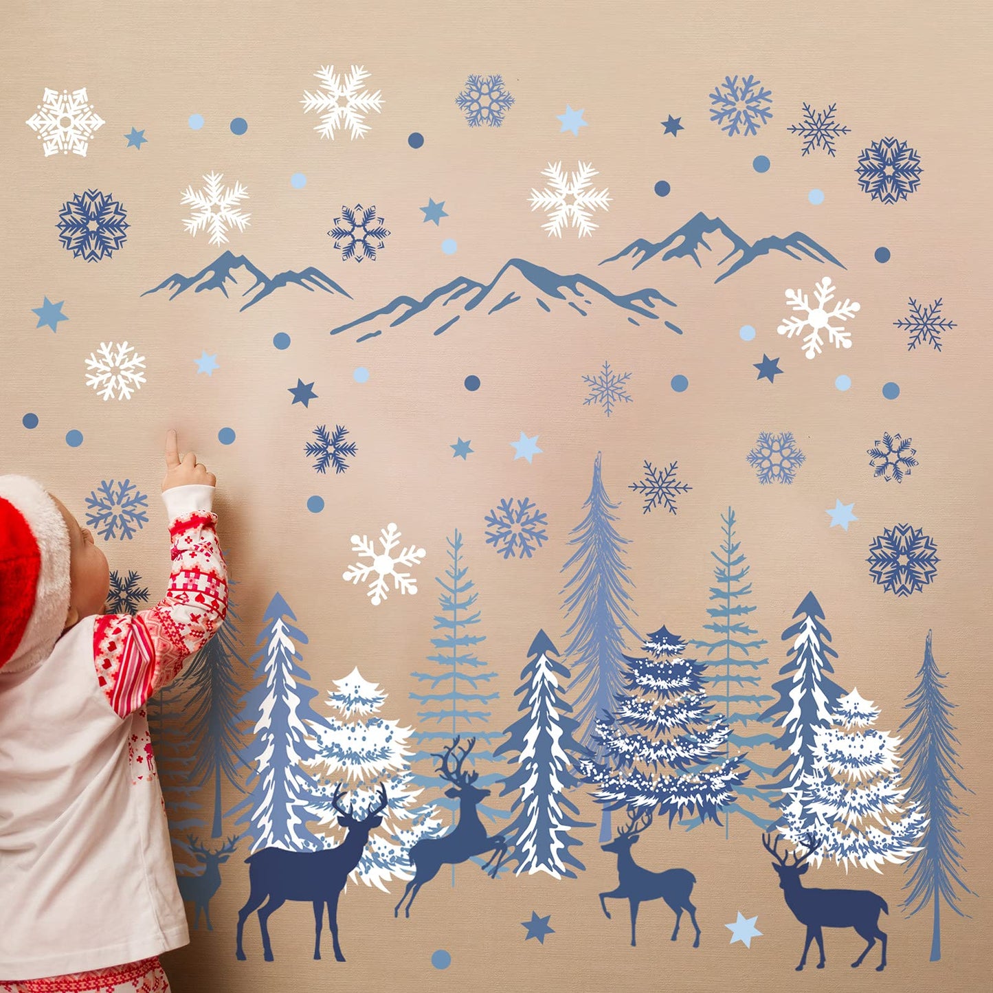 Teling 8 Pieces Winter Snowflake Wall Decals Stickers Dreamy Nursery Forest Woodland Trees Deer Pine Tree Wall Decals for Kids Room Winter Decor(Blue, White, Gray)