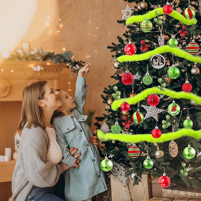57pcs Christmas Balls with Green Fur Plastic Christmas Baubles for Tree Decoration Red Green Glittering Hanging Xmas Balls with Swirl Candy Cane for Home Holiday Party Indoor Decor
