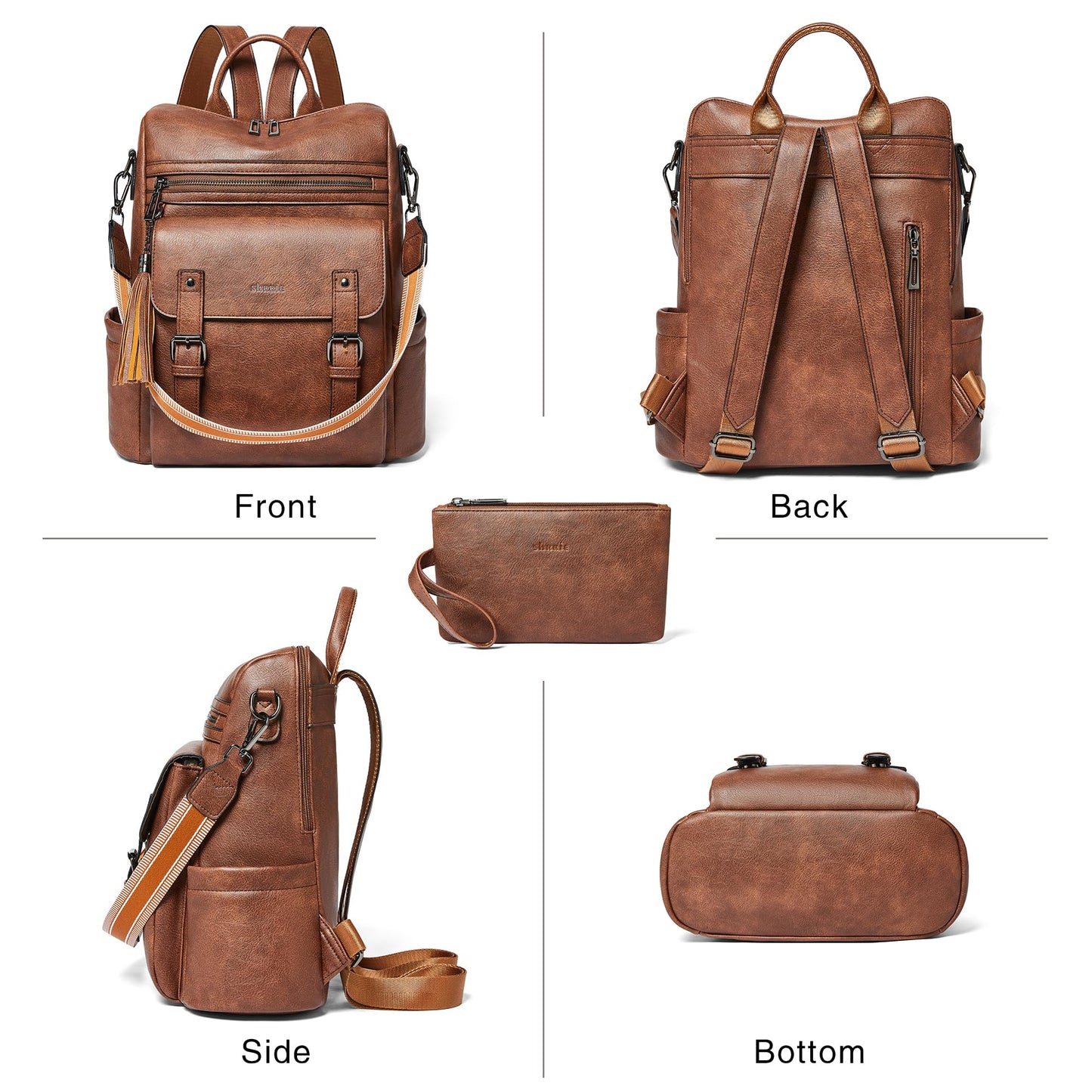 Shrrie Womens Vegan Leather Backpack Purse for Work College Brown Fashion Small Backpack Design Water-Resistant Purse
