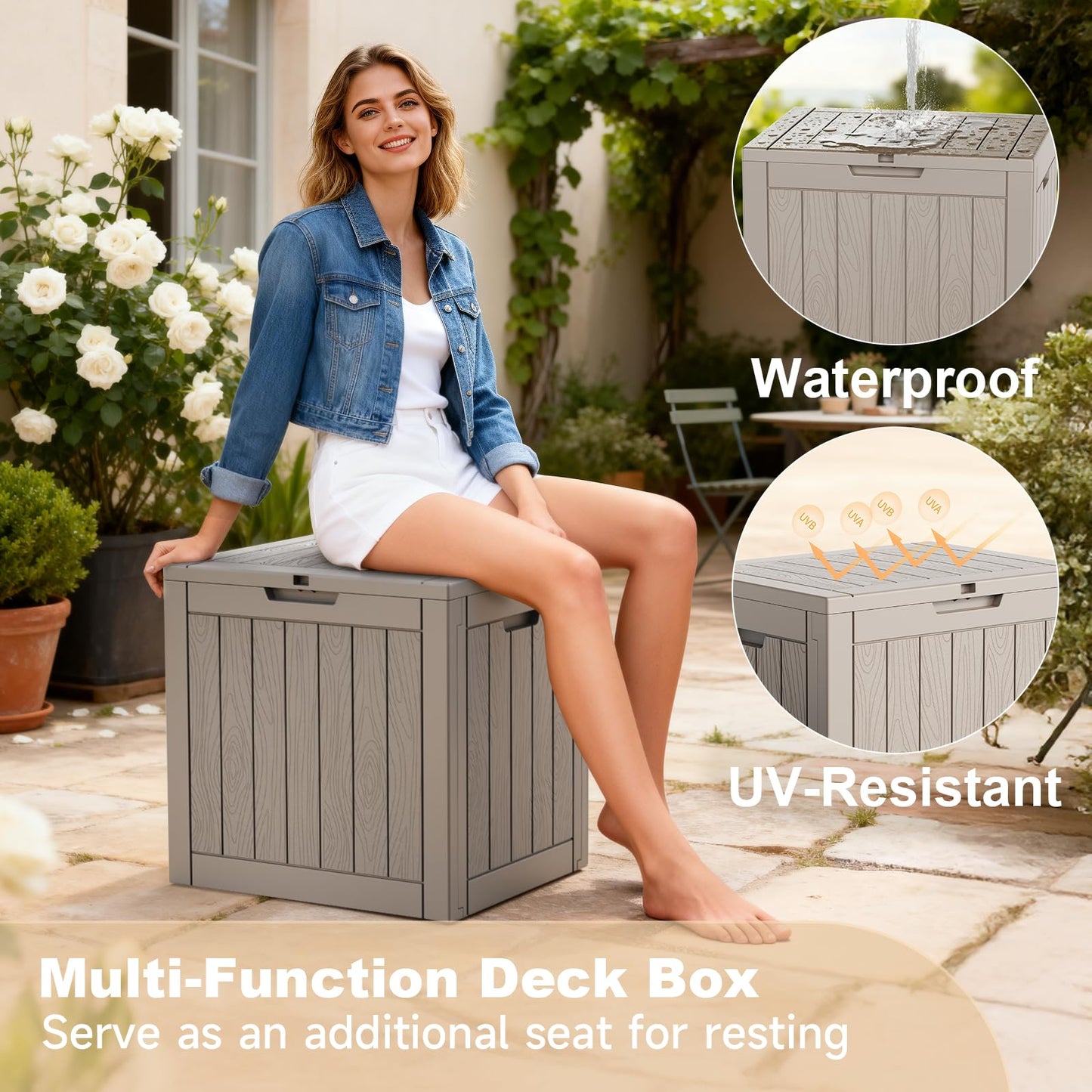 MAIUSCOLI 30 Gallon Outdoor Deck Box, Lockable Waterproof Outdoor Storage Boxes For Garden Tools,Indoor Cushions,Accessories Outside Storage Resin Weatherproof Container(Grey)