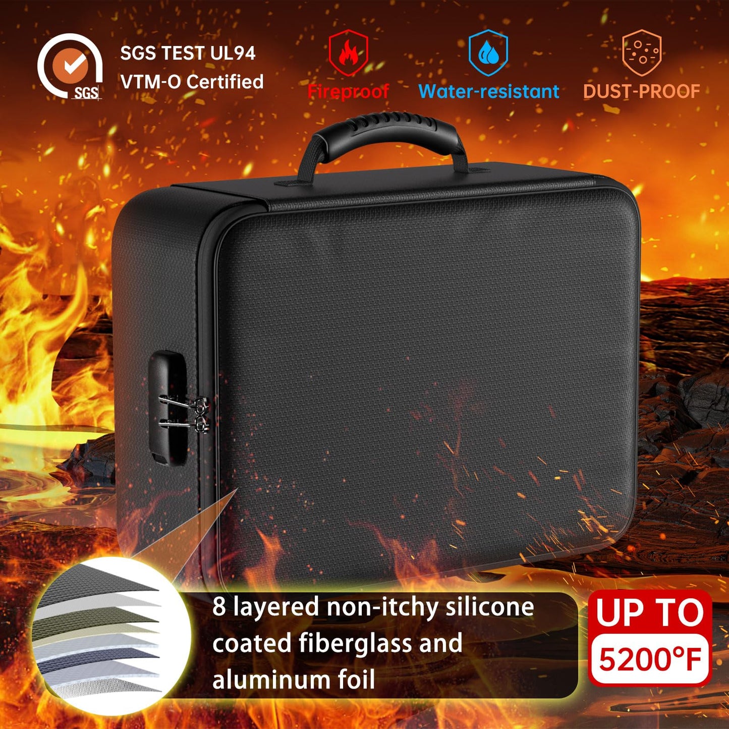 DocSafe 5200°F Document Organizer with Lock, Upgraded Heat Insulated Fireproof&Water-Resistant Box 8 Layers File Organizer, Portable Home Travel Safe Storage for Important Documents and More