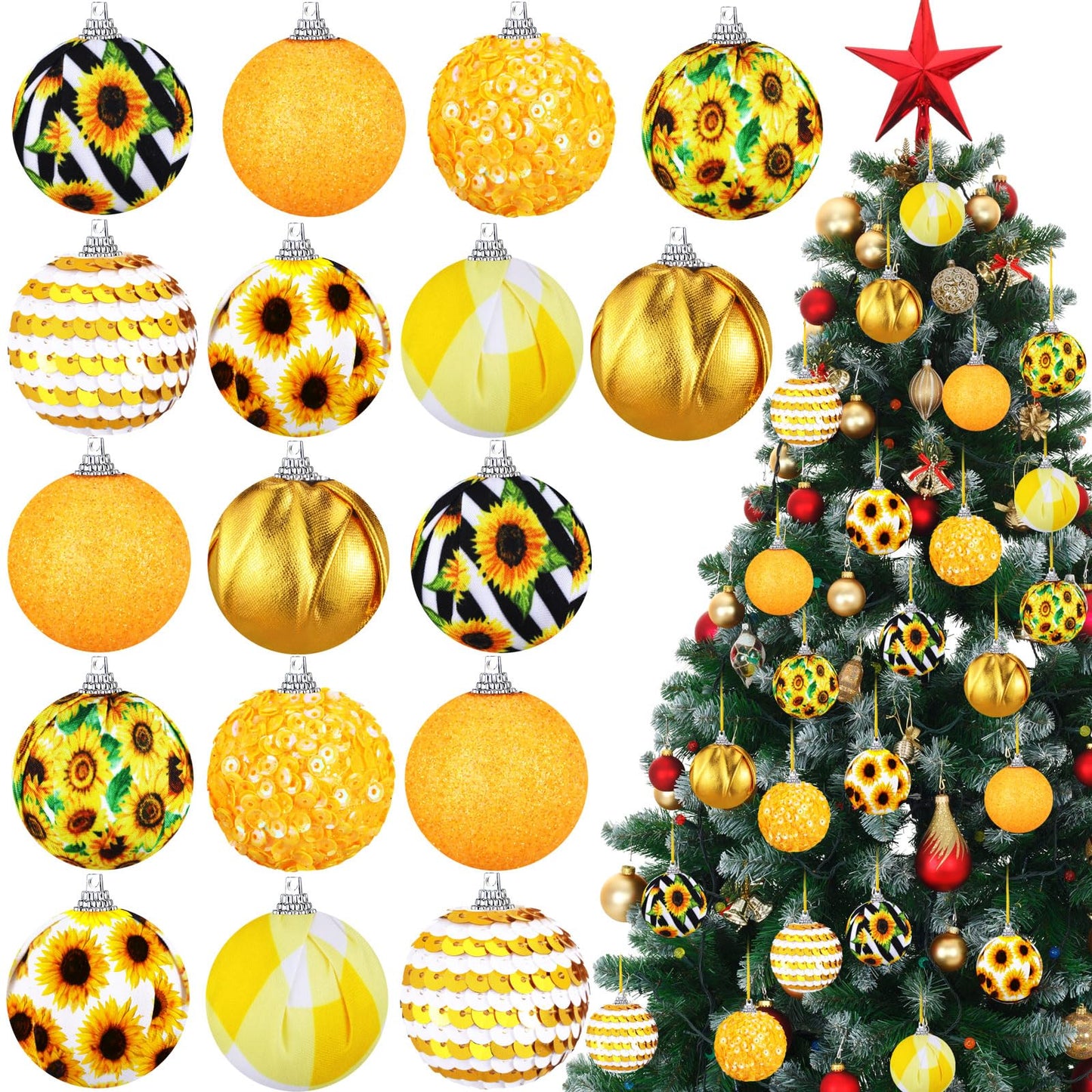 Zeyune 16 Pcs Summer Tree Ornaments Christmas in July Sunflower Hanging Decorations for Small Tree, Yellow Hanging Sequin Ball Ornaments with Ropes, Beach Luau Hawaiian Holiday Party Supplies(Fresh)