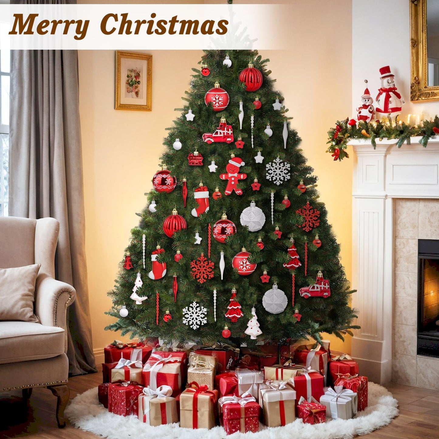 FestiveBliss Christmas Ornaments 71 Count, Christmas Balls, Christmas Decorations for Tree, 23, Shatterproof Christmas Ornaments, Red and White Ornaments, Plastic Ornaments