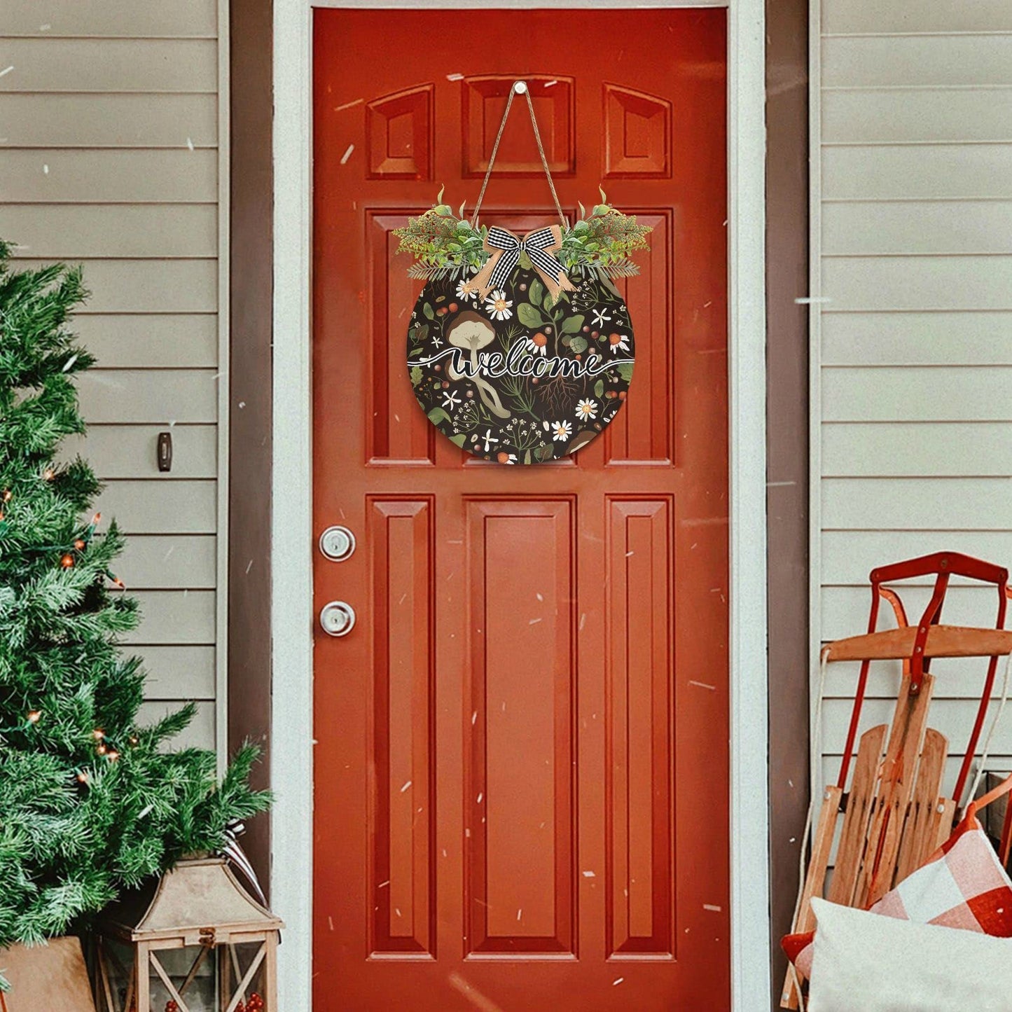 Mushroom Daisy Welcome Sign Farmhouse Front Porch Decor Door Hanging Welcome Wreath for Holiday Wall Home Decoration 12 X 12 in