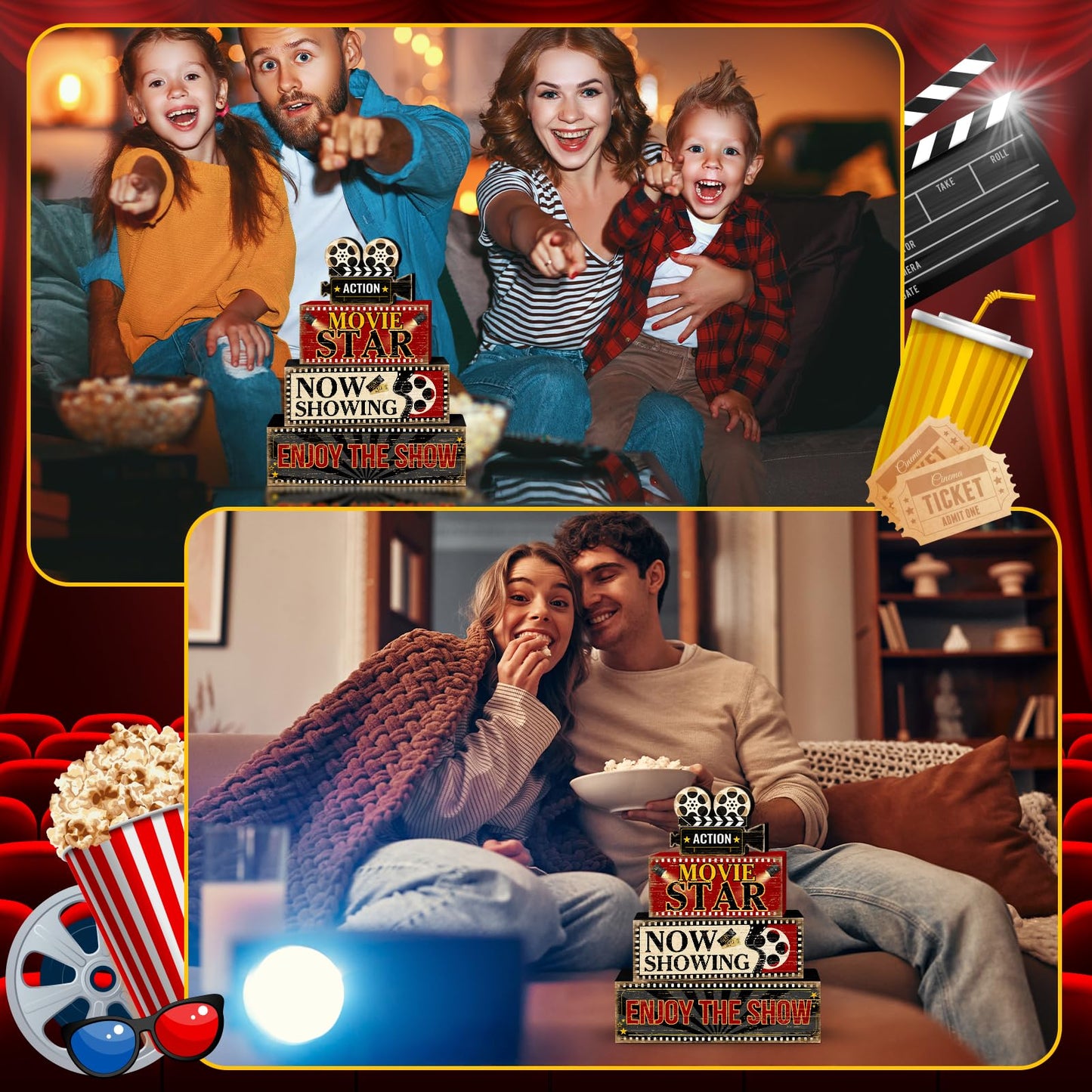 Britimes 4 Pcs Movie Night Table Decor Christmas Tiered Tray Decorations Set Movie Star Stack Block Signs Gift Rustic Farmhouse Tabletop Decor for Table & Home Office
