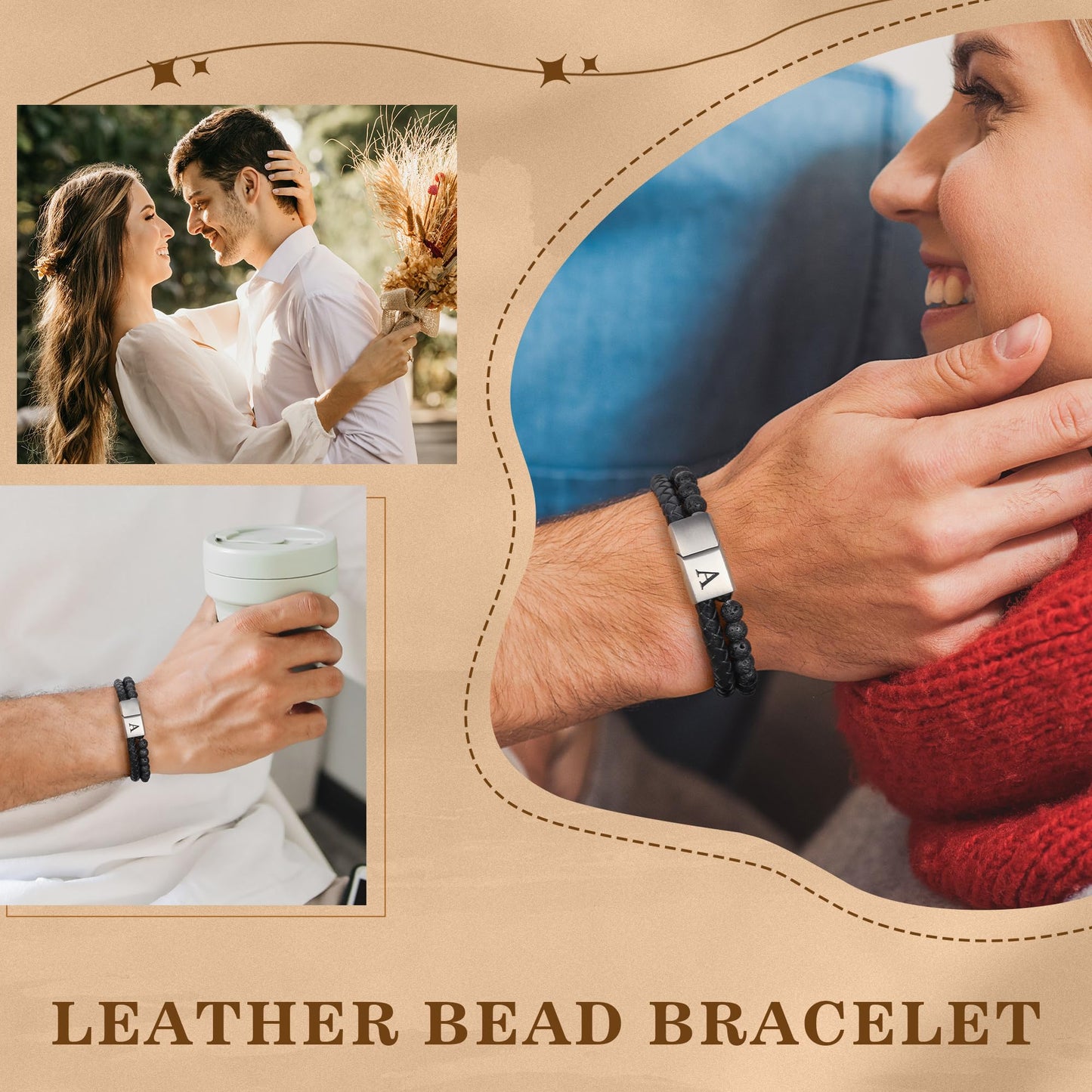 FOCOOG Gifts for Mens Bracelet - Men Gift Leather Bracelets for Men with Initial Lava Rock Bead Gift for Husband Leather Men's Initial A Bracelet for Men's Jewelry Mens Gifts for Dad Husband