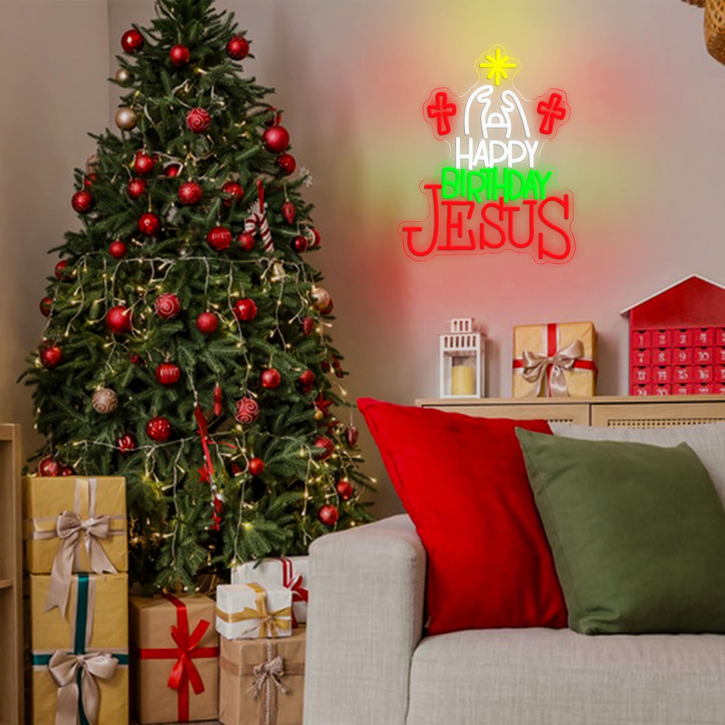 JLEWUINH Happy Birthday Jesus Neon Sign for Christmas Decor Cross Neon Light Sign Dimmable USB Led Christian Religious Neon Wall Decor for Church Home Nativity Scene Faith-Based Holiday Gift