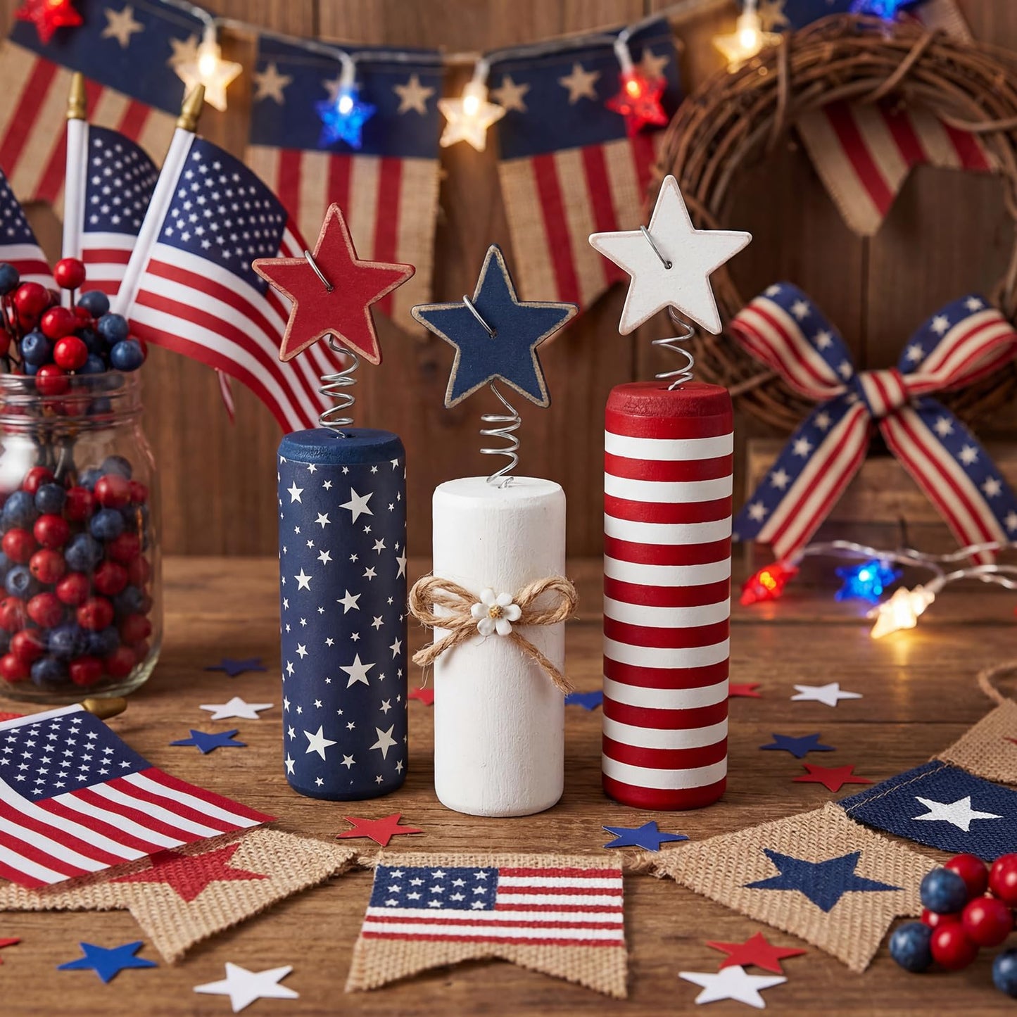 Qunclay 3 Pcs 4th of July Table Decor Firework Tiered Tray Decor Patriotic Memorial Day Table Centerpieces Red White Blue Wood Stars 250th Anniversary Rustic Farmhouse Decoration for Independence Day